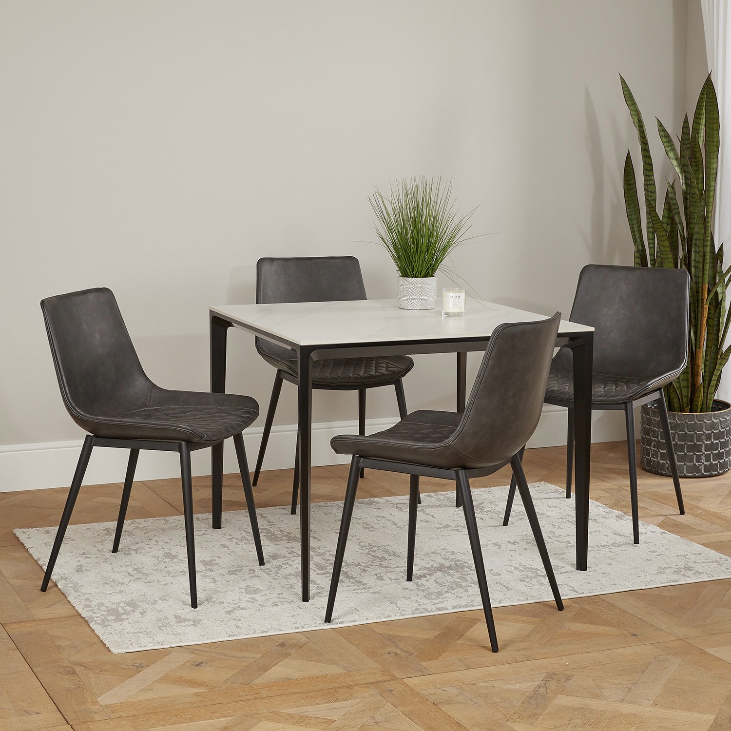 Bellagio 90cm Square White Sintered Stone Dining Table with 4 x Leo Grey Dining Chairs