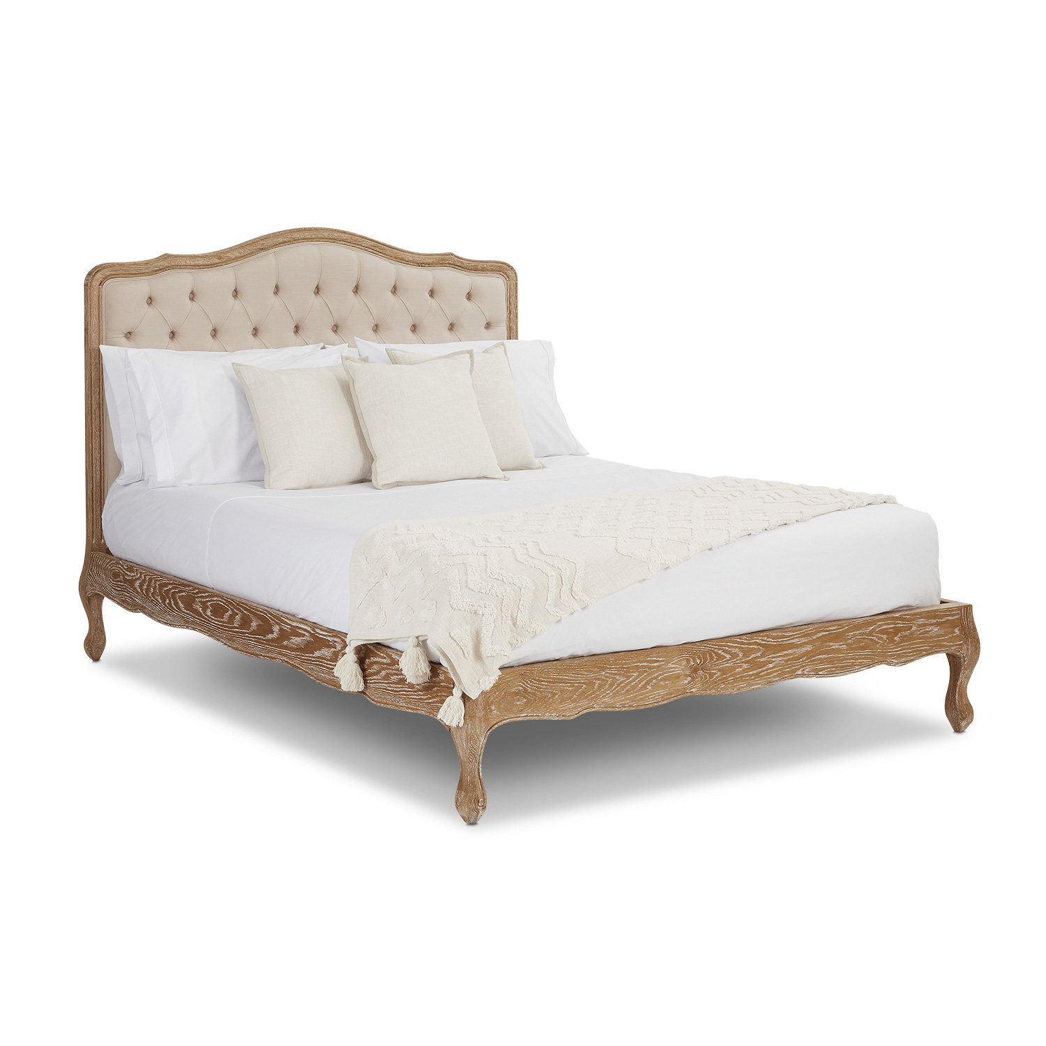 Eléa French Weathered Limed Oak Upholstered Button Back Low Foot Board Bed – King Size