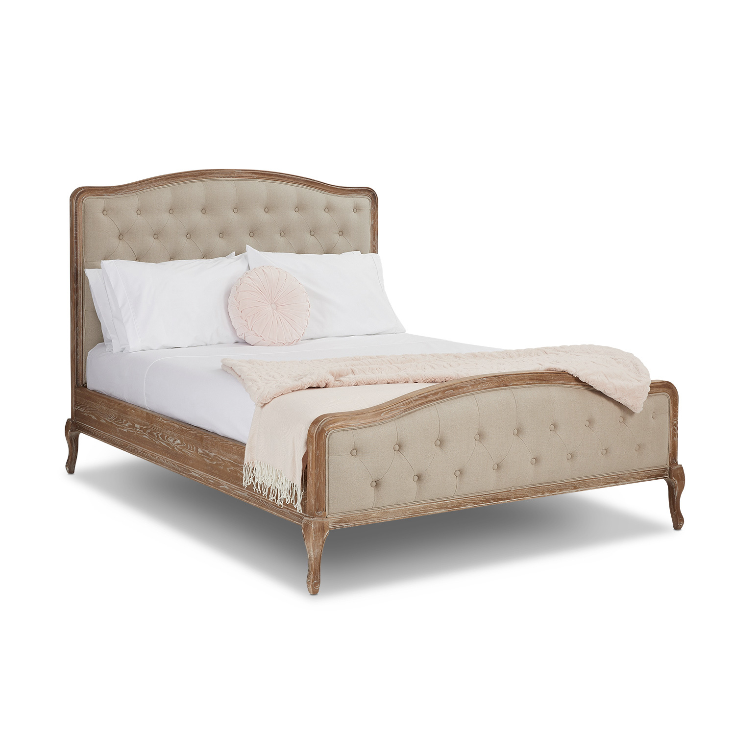 Arielle French Weathered Limed Ash Buttoned Upholstered High Foot Board Bed – King Size