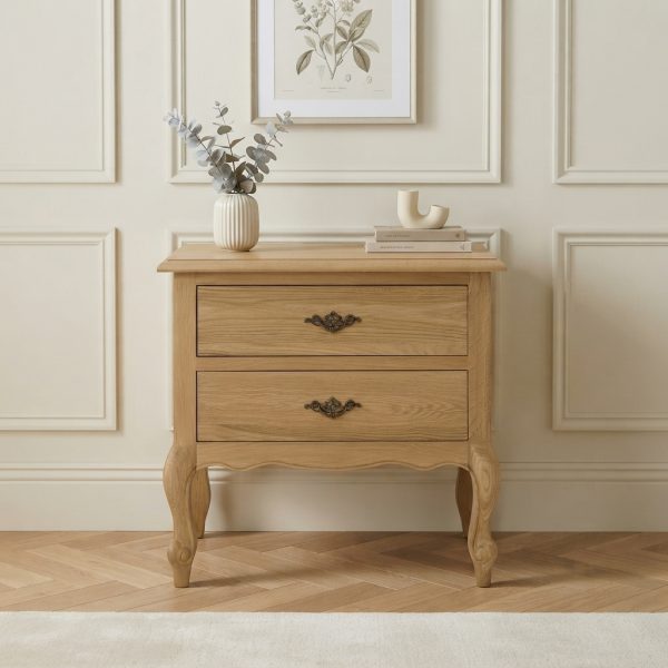 French Natural Oak Louis Two Drawer Bedside Table