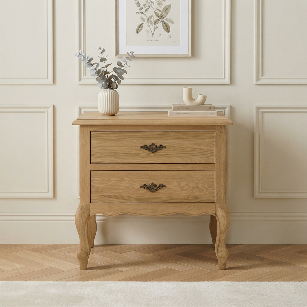 French Natural Oak Louis Two Drawer Bedside Table