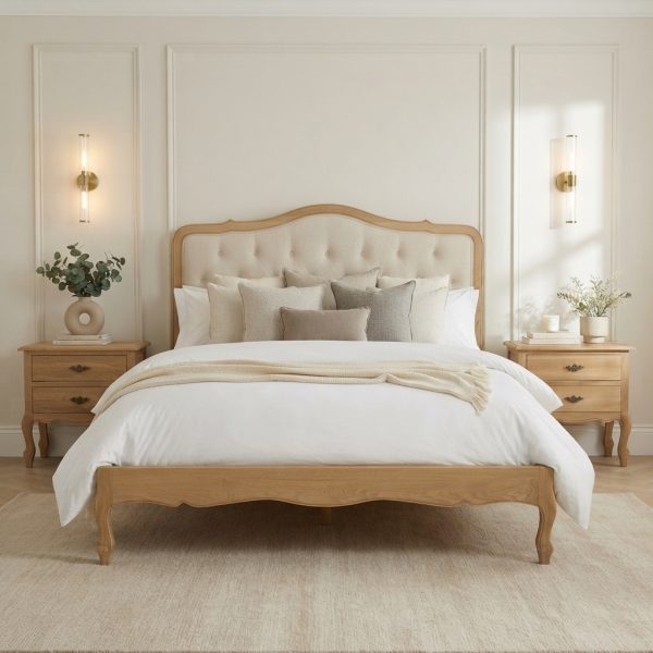 Eléa Natural Oak French Bed with Button Upholstered Headboard – Super King Size