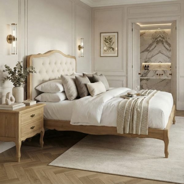 Eléa Natural Oak French Bed with Button Upholstered Headboard – Super King Size