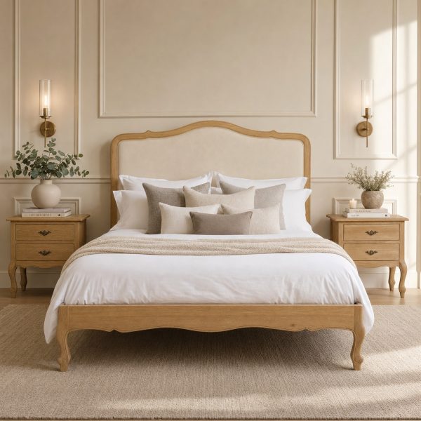 Clementine Natural Oak Upholstered Low Foot Board Bed – Super King