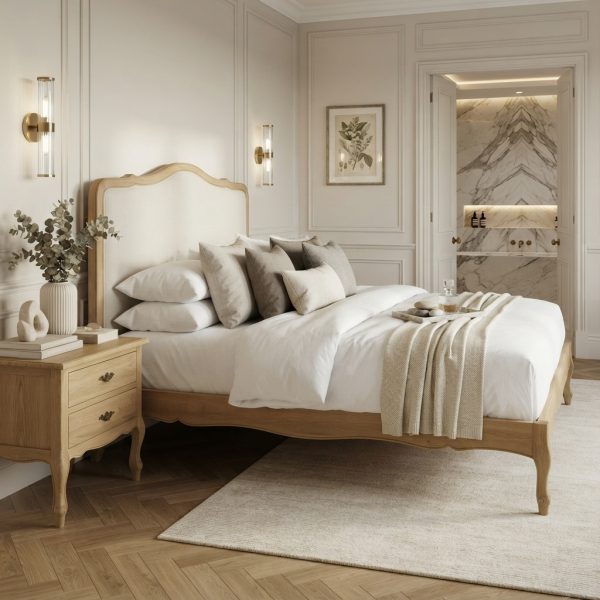 Clementine Natural Oak Upholstered Low Foot Board Bed – Super King