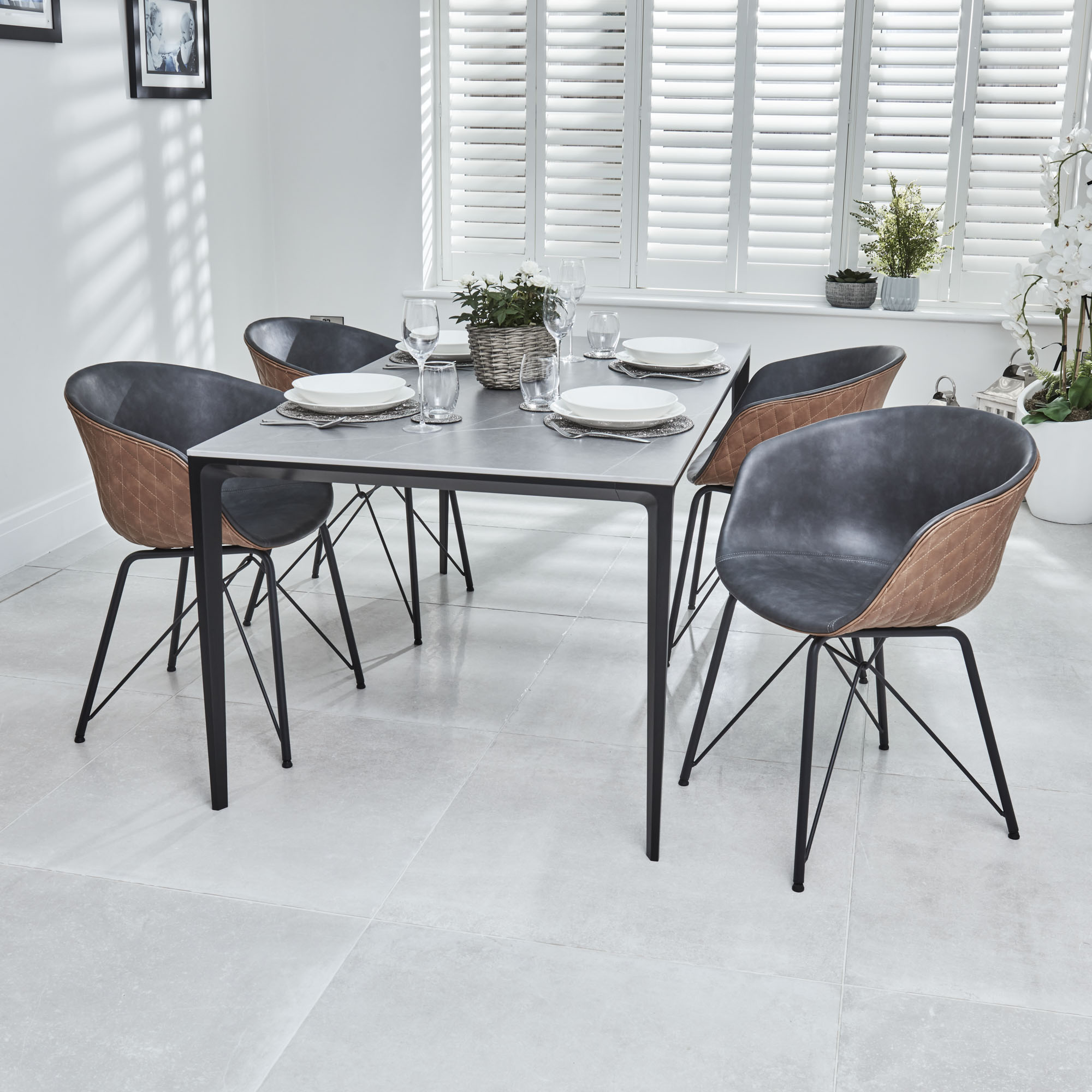 Bellagio 1.6M Grey Sintered Stone Dining Table Set with 4x Camila Grey/Tan Dining Chairs
