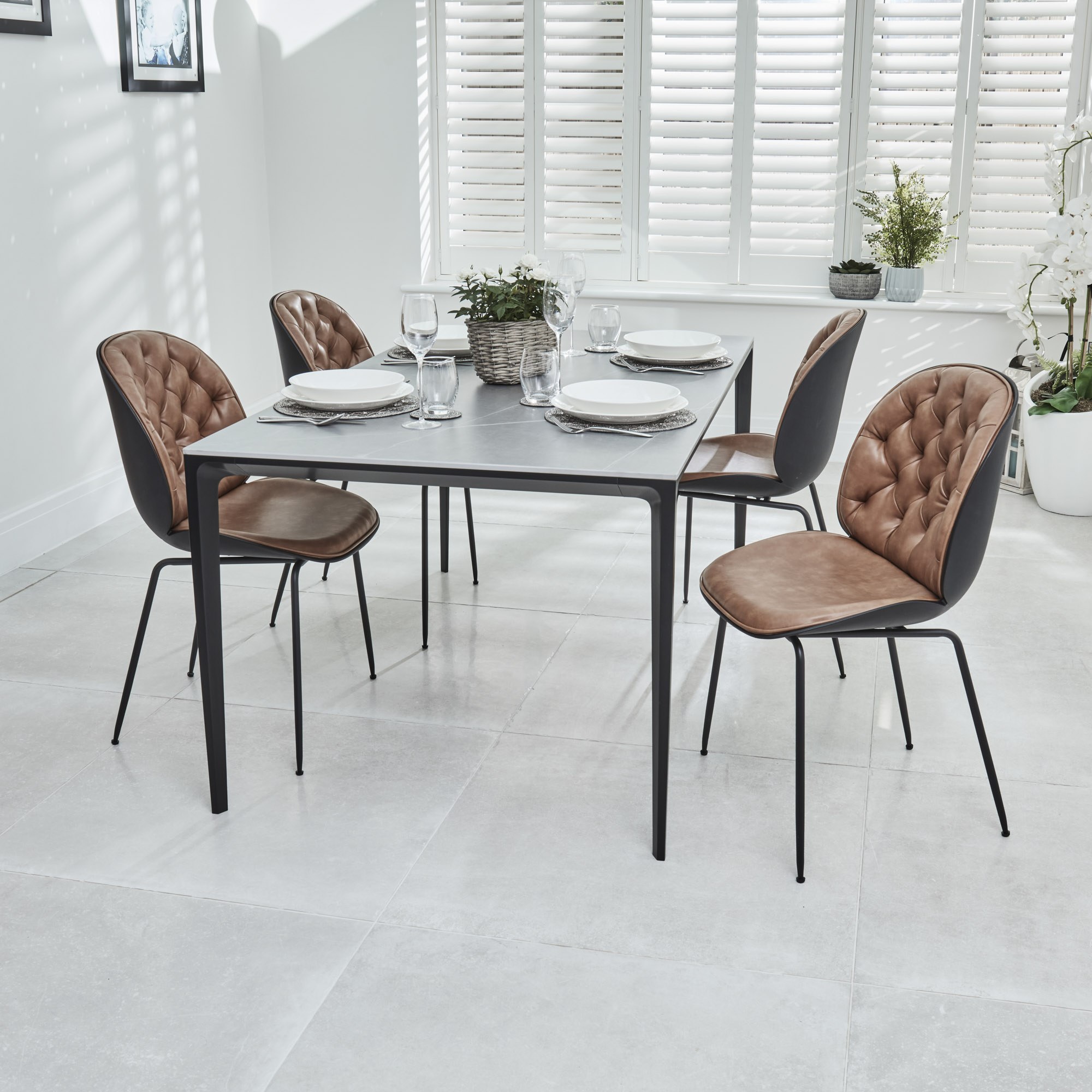 Bellagio 1.6M Grey Sintered Stone Dining Table Set with 4x Thiago Tan Dining Chairs