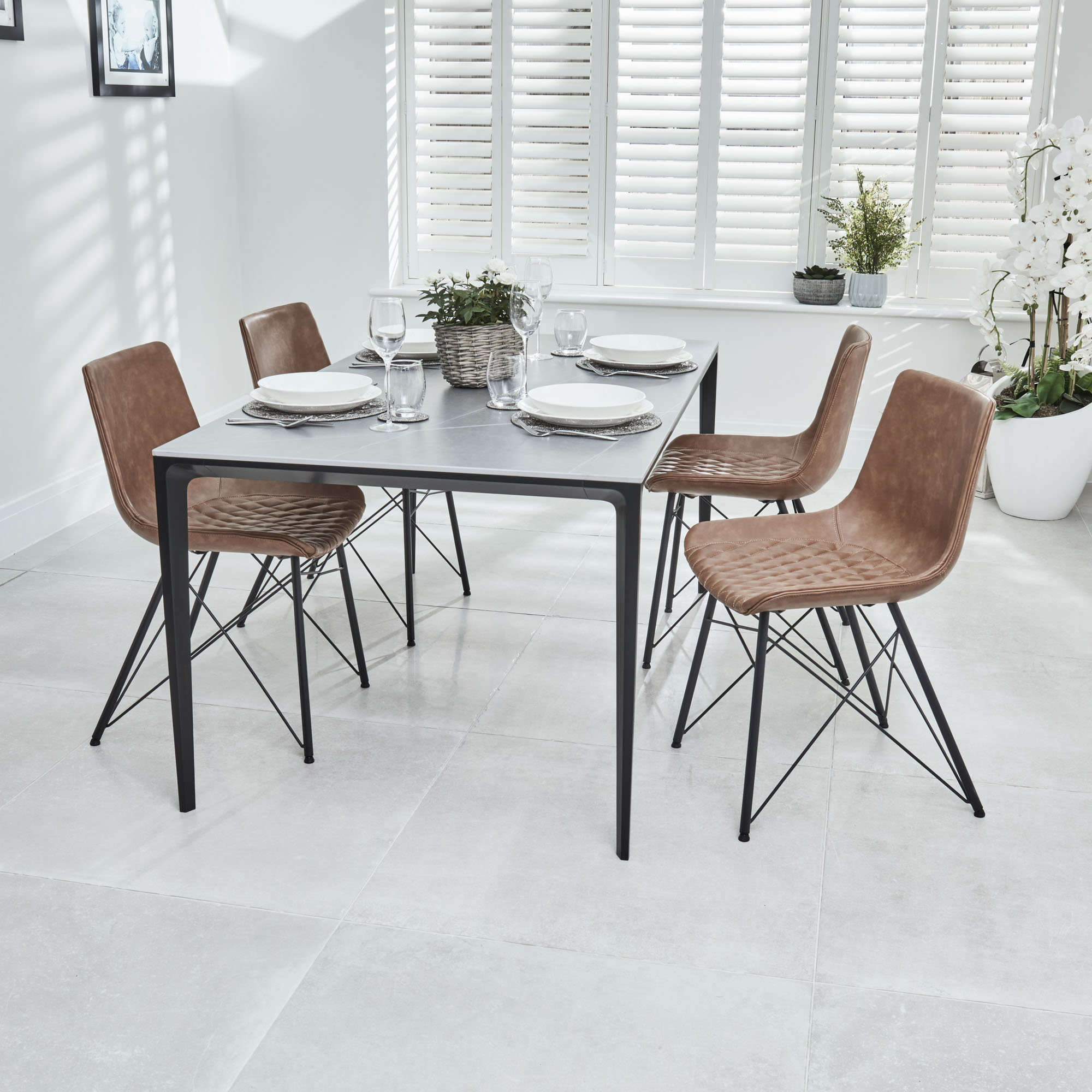 Bellagio 1.6M Grey Sintered Stone Dining Table Set with 4x Leon Tan Dining Chairs