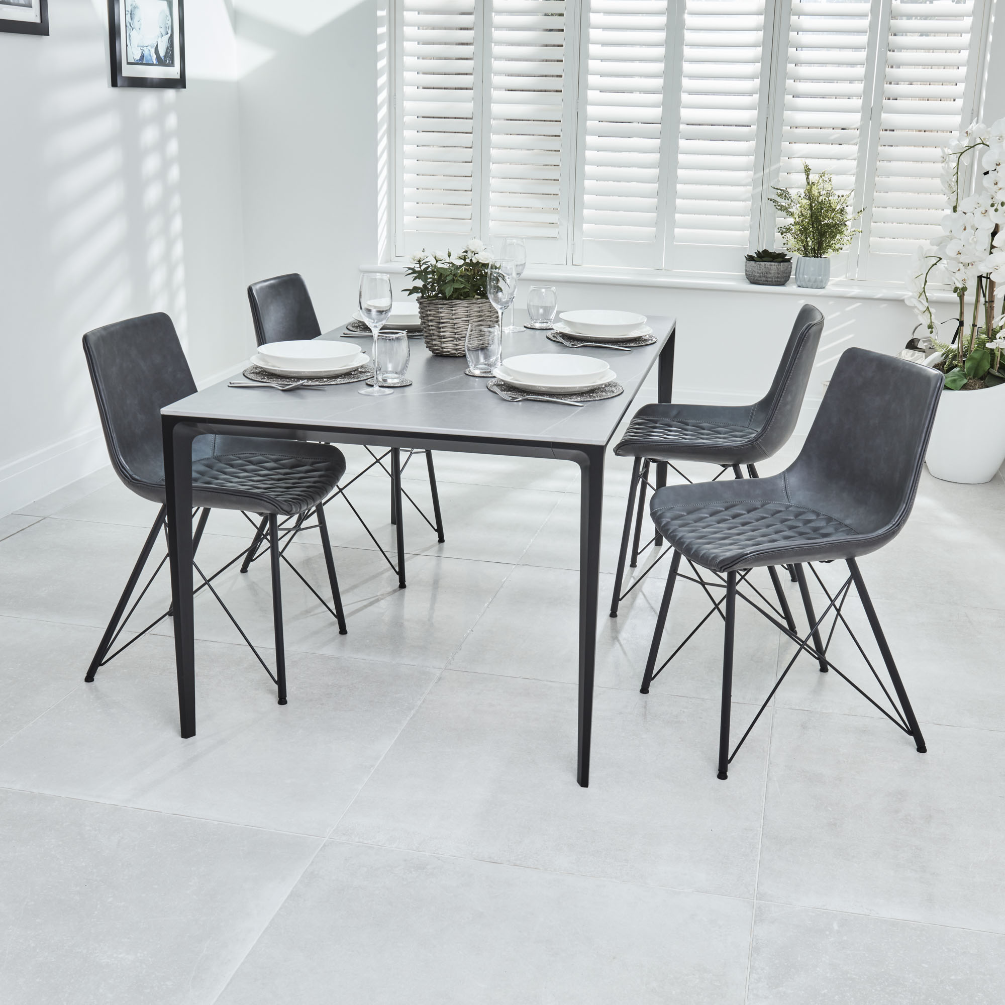 Bellagio 1.6M Grey Sintered Stone Dining Table Set with 4x Leon Grey Dining Chairs