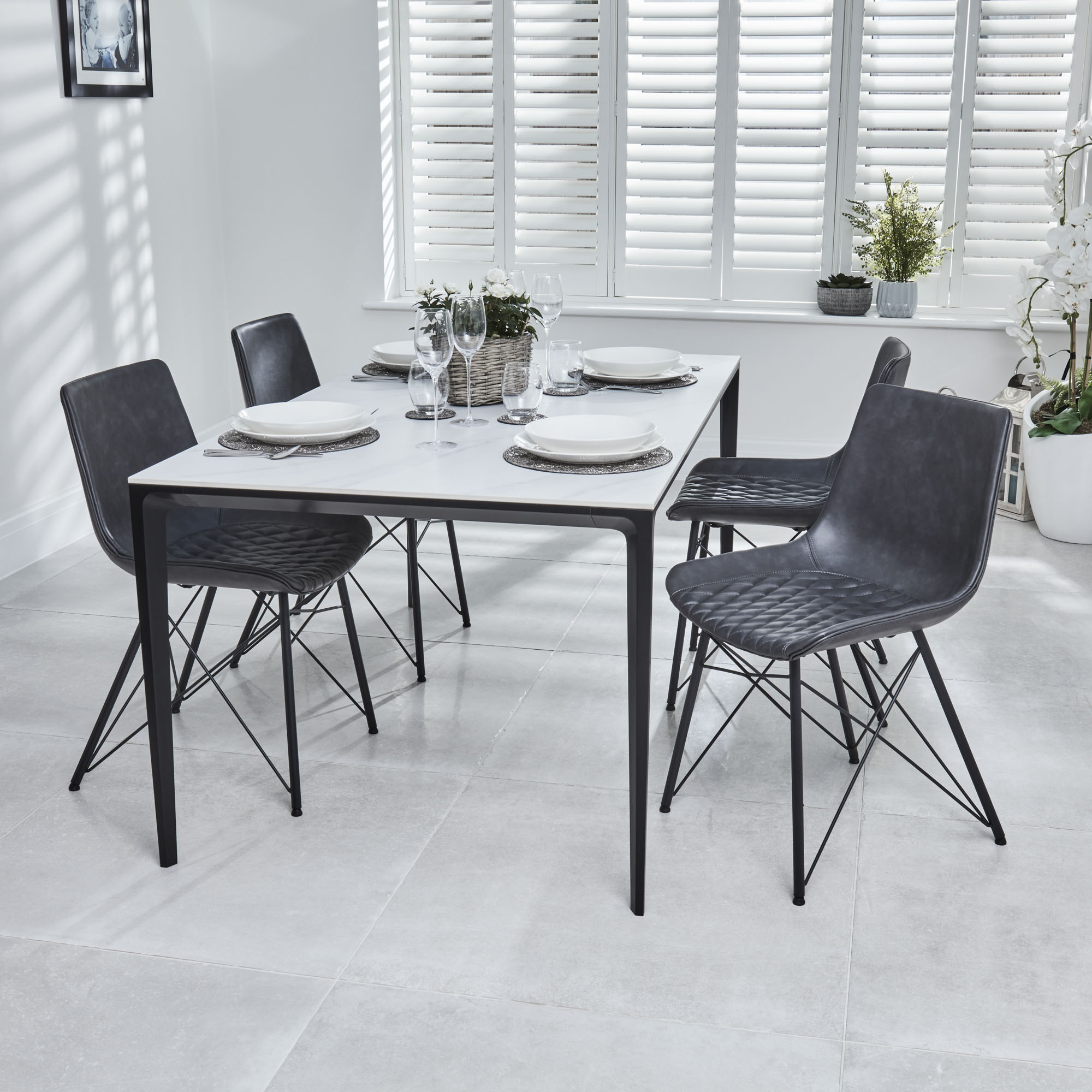 Bellagio 1.6M White Sintered Stone Dining Table Set with 4x Leon Grey Dining Chairs