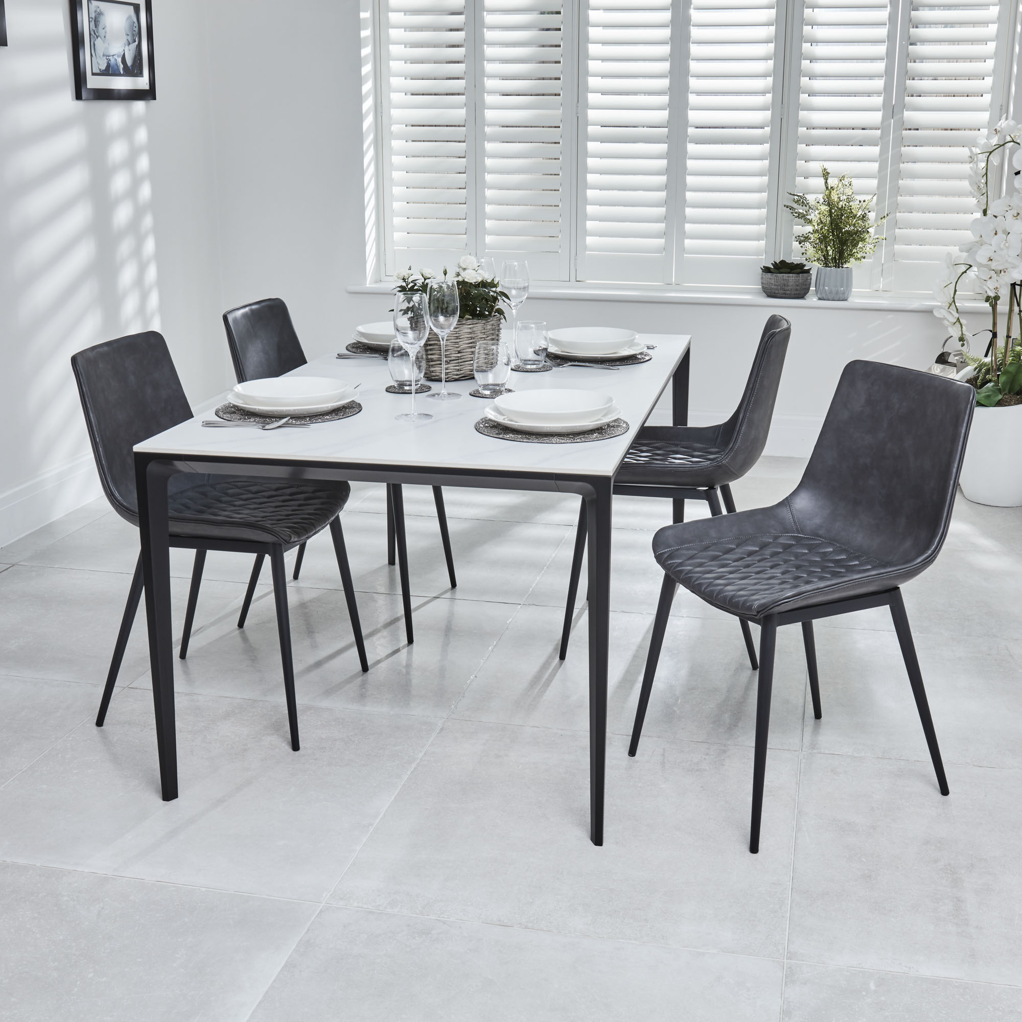 Bellagio 1.6M White Sintered Stone Dining Table with 4x Leo Grey Dining Chairs