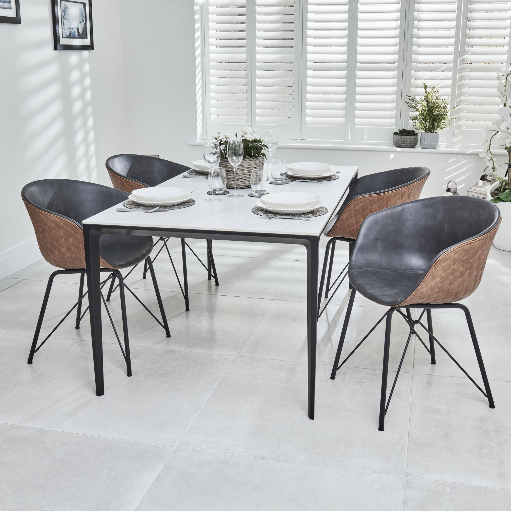 Bellagio 1.6M White Sintered Stone Dining Table Set with 4x Camila Grey/Tan Dining Chairs