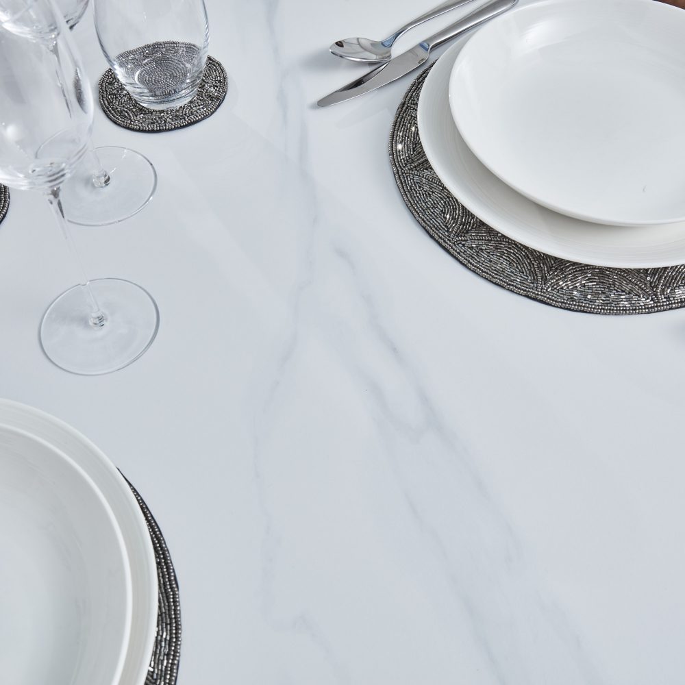 Bellagio 1.6M White Sintered Stone Dining Table Set with 4 x Camila Grey/Tan Dining Chairs - Image 14