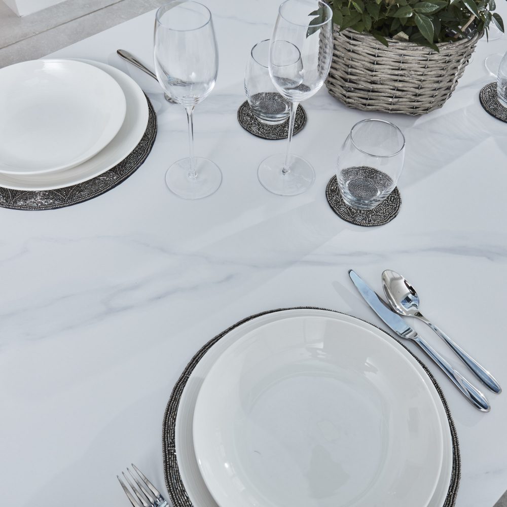 Bellagio 1.6M White Sintered Stone Dining Table Set with 4 x Camila Grey/Tan Dining Chairs - Image 13