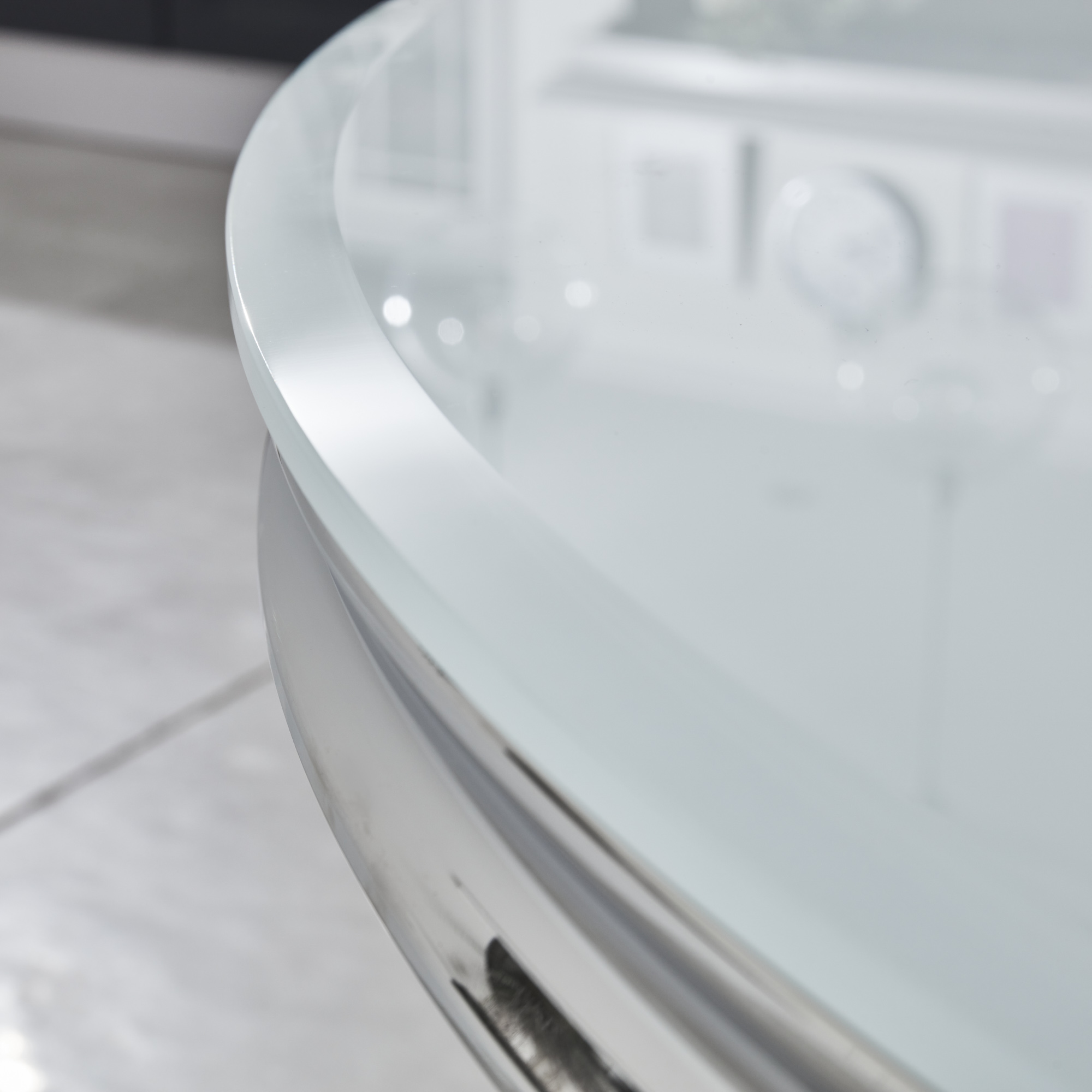 1.3m Round Glass Dining Table in White With Polished Steel Base
