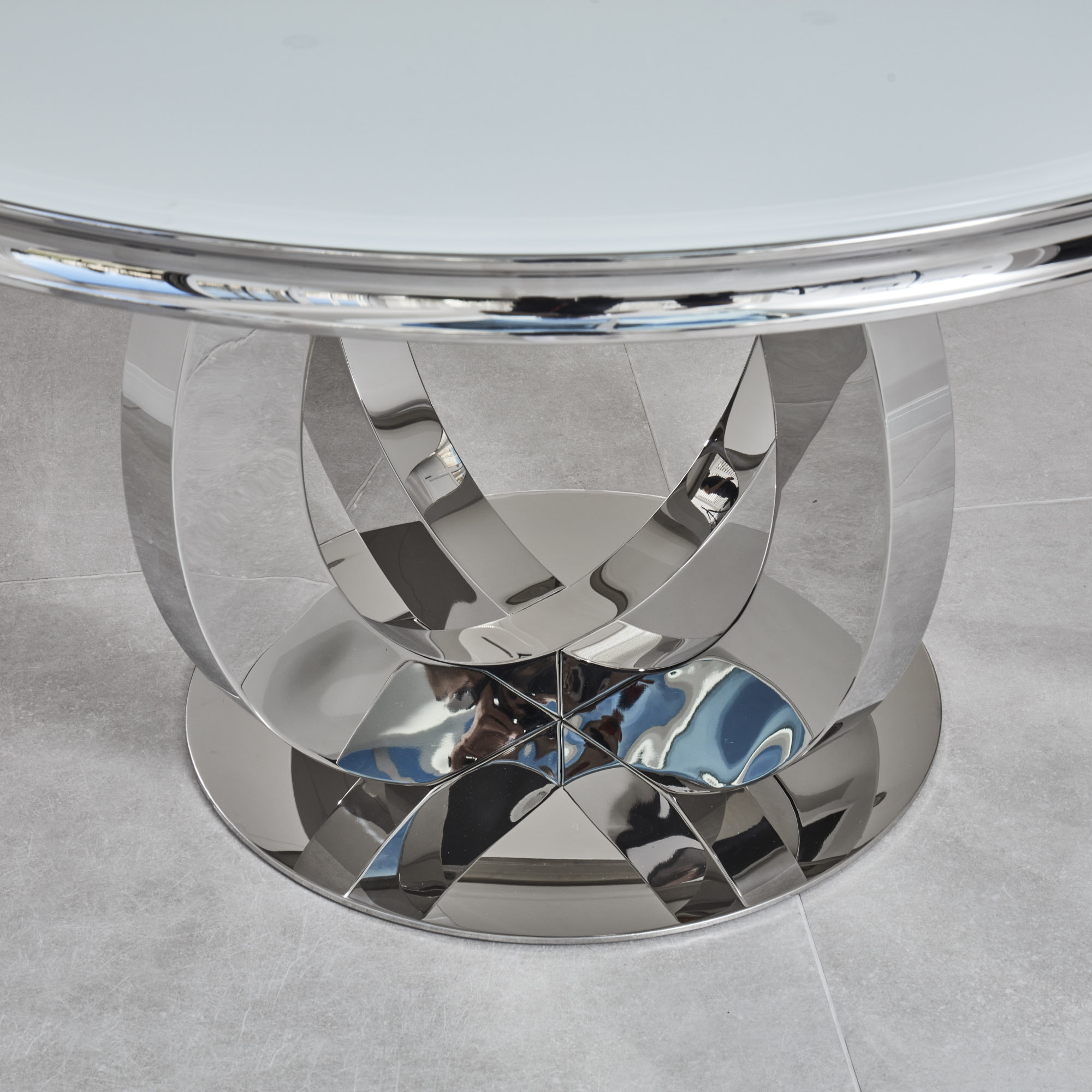 1.3m Round Glass Dining Table in White With Polished Steel Base