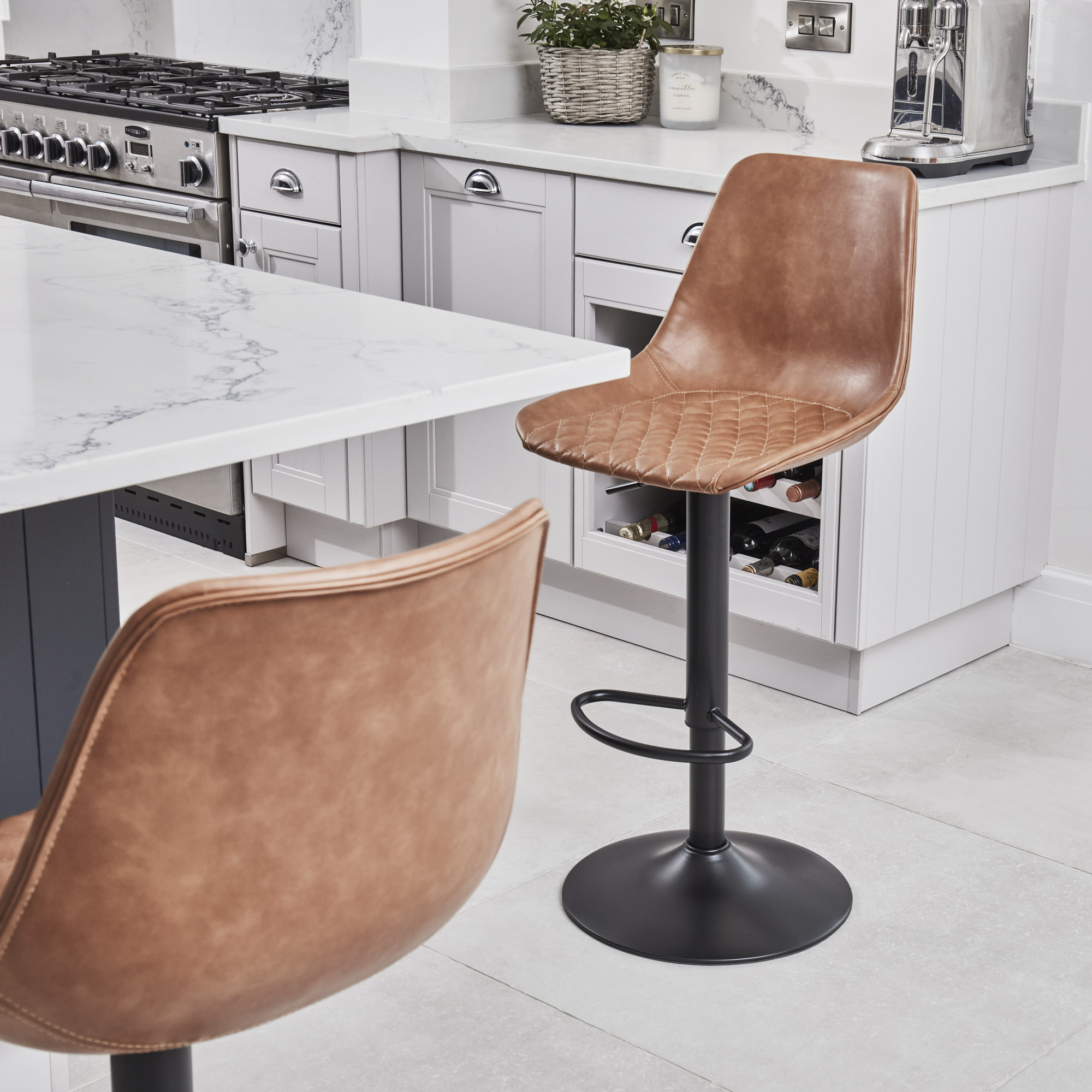 (Set of 2) Enzo Faux Tan Brown Leather Kitchen/Bar High Back Stool