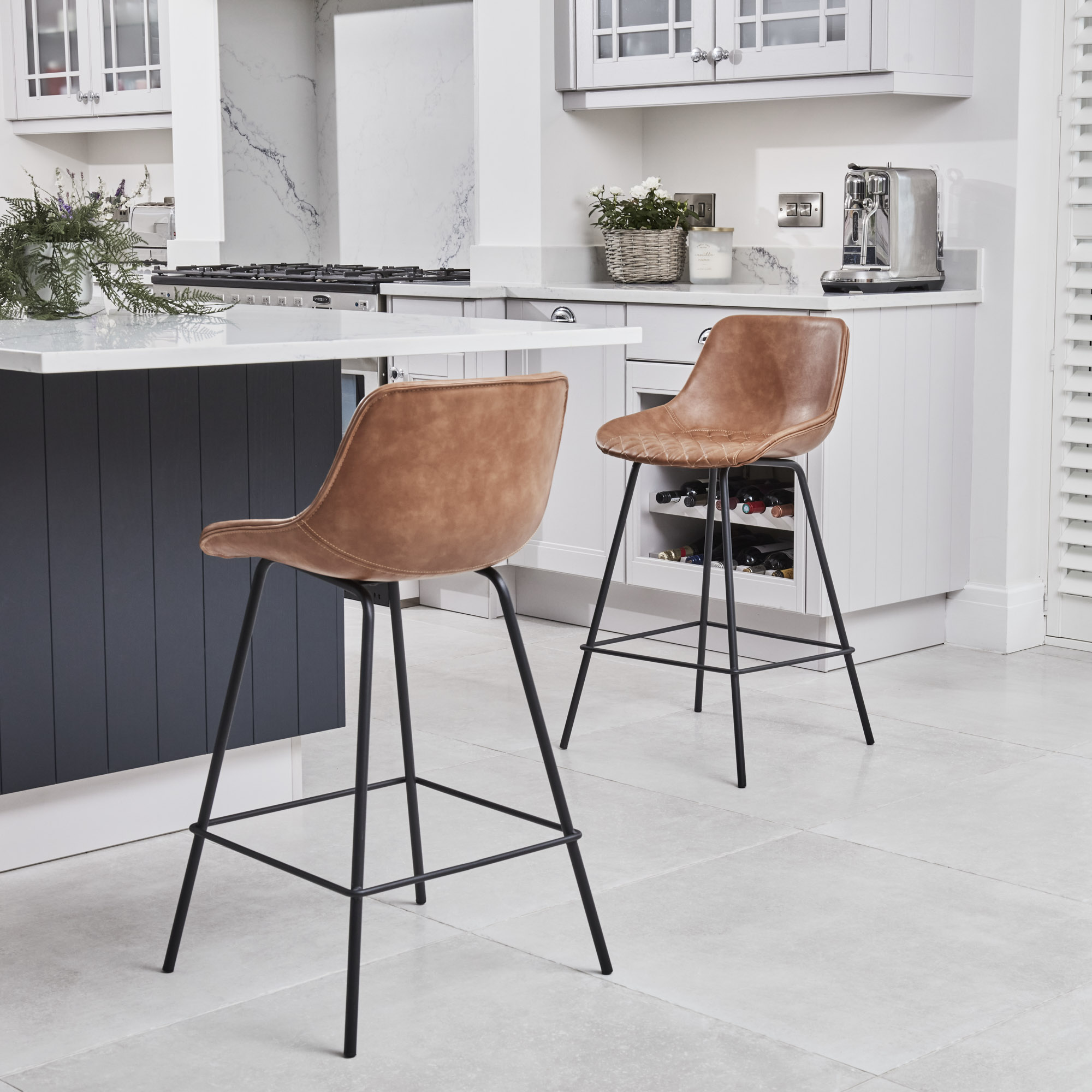 (Set of 2) Emilio Tan Faux Brown Leather Kitchen/Bar Quilted High Back Stool