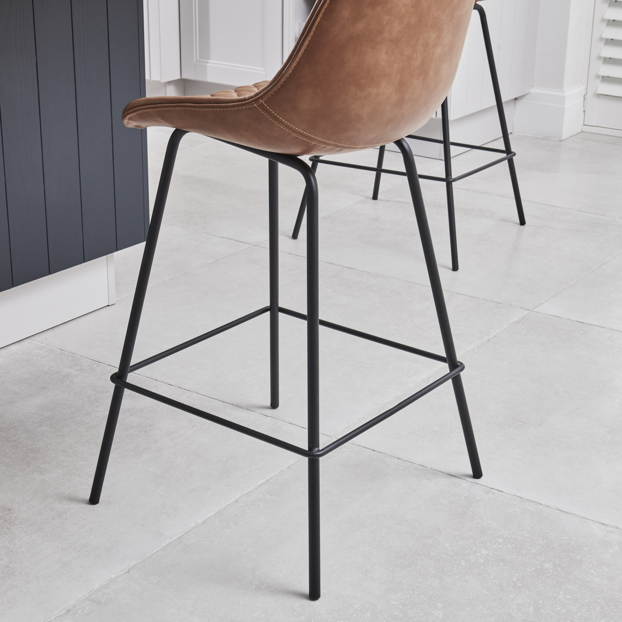 (Set of 2) Emilio Tan Faux Brown Leather Kitchen/Bar Quilted High Back Stool