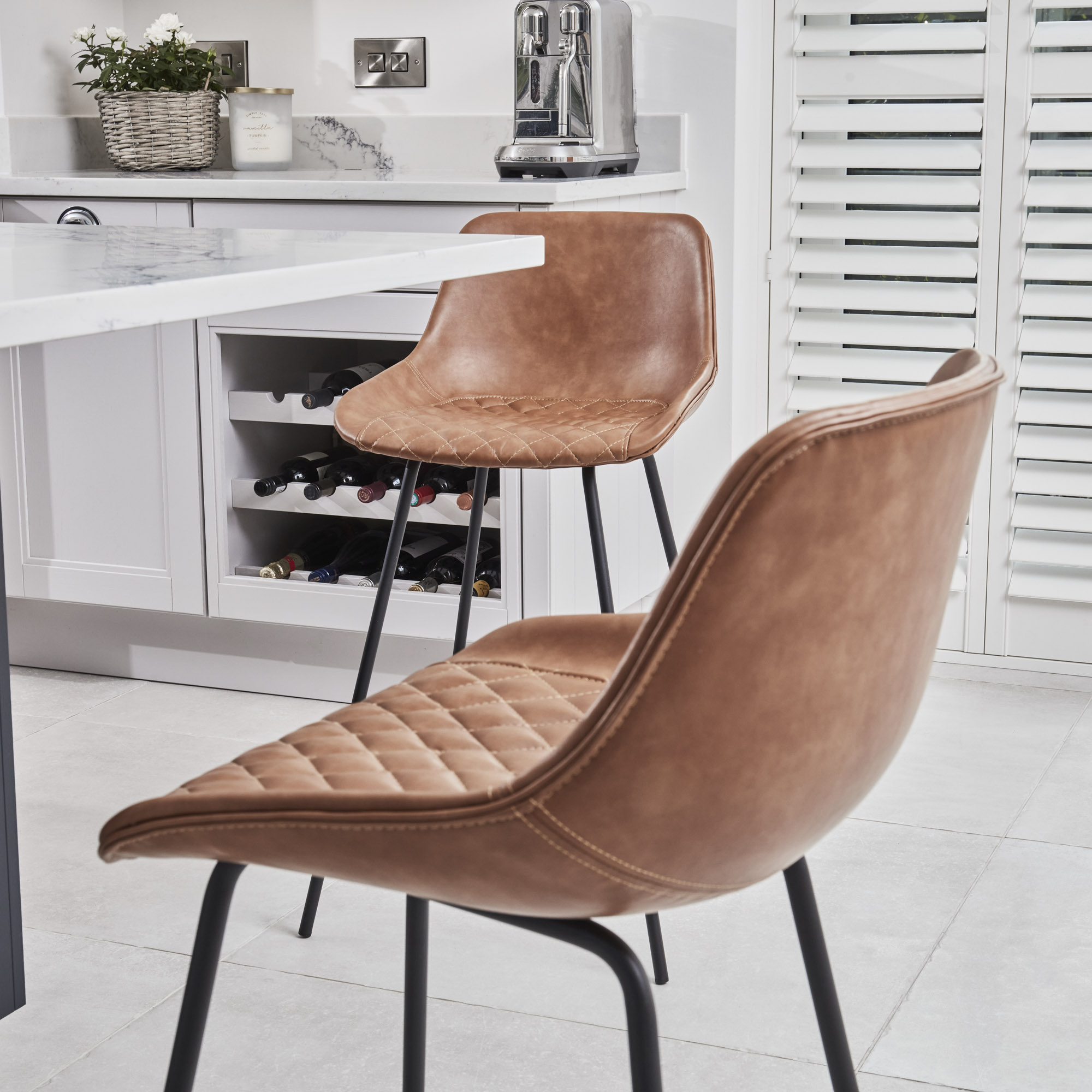 (Set of 2) Emilio Tan Faux Brown Leather Kitchen/Bar Quilted High Back Stool