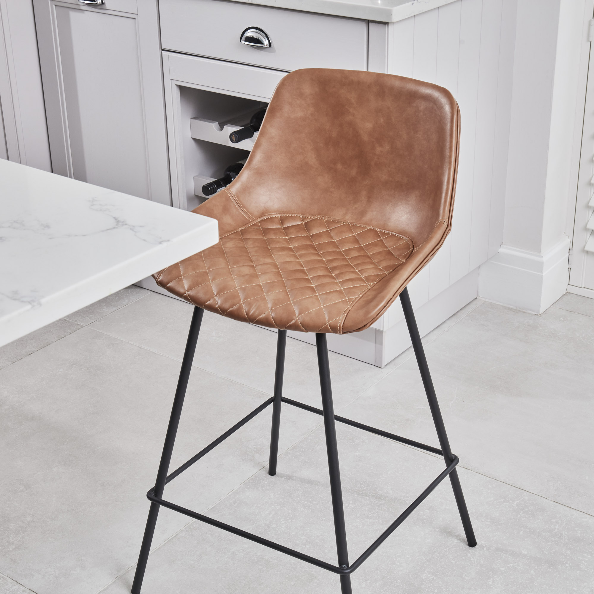 (Set of 2) Emilio Tan Faux Brown Leather Kitchen/Bar Quilted High Back Stool