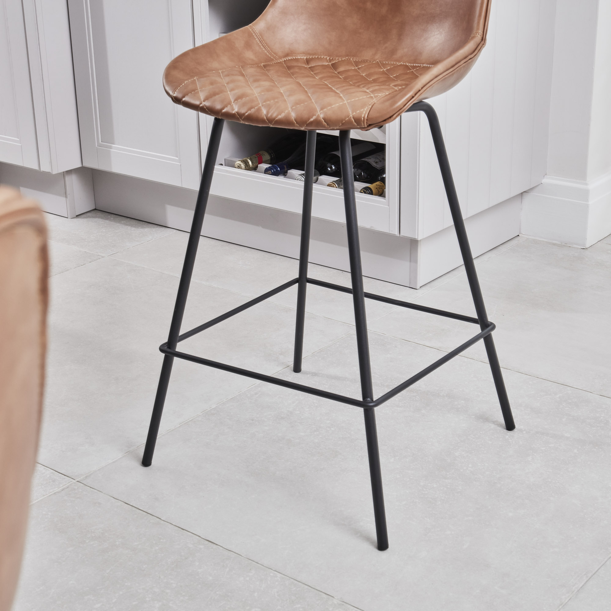 (Set of 2) Emilio Tan Faux Brown Leather Kitchen/Bar Quilted High Back Stool