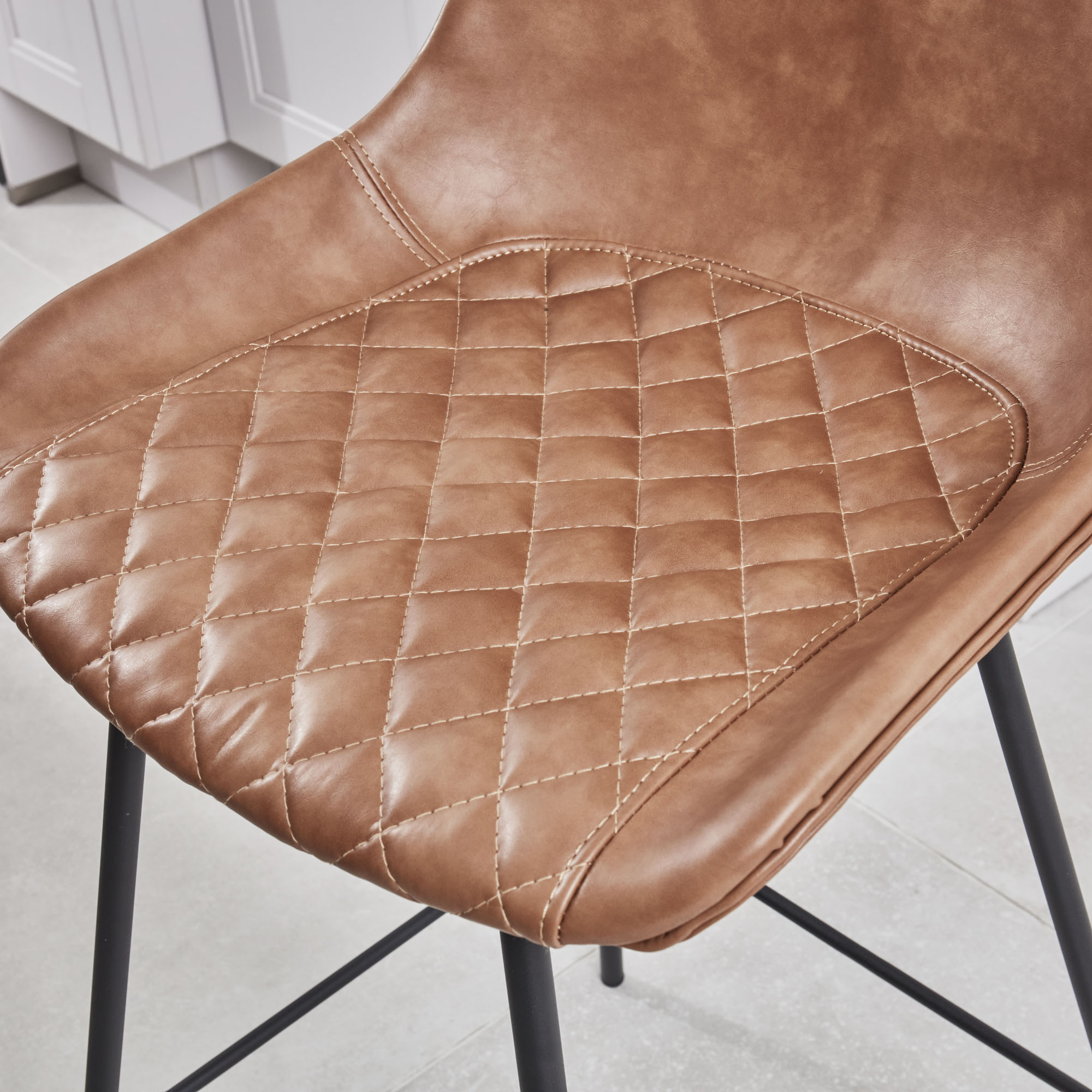 (Set of 2) Emilio Tan Faux Brown Leather Kitchen/Bar Quilted High Back Stool