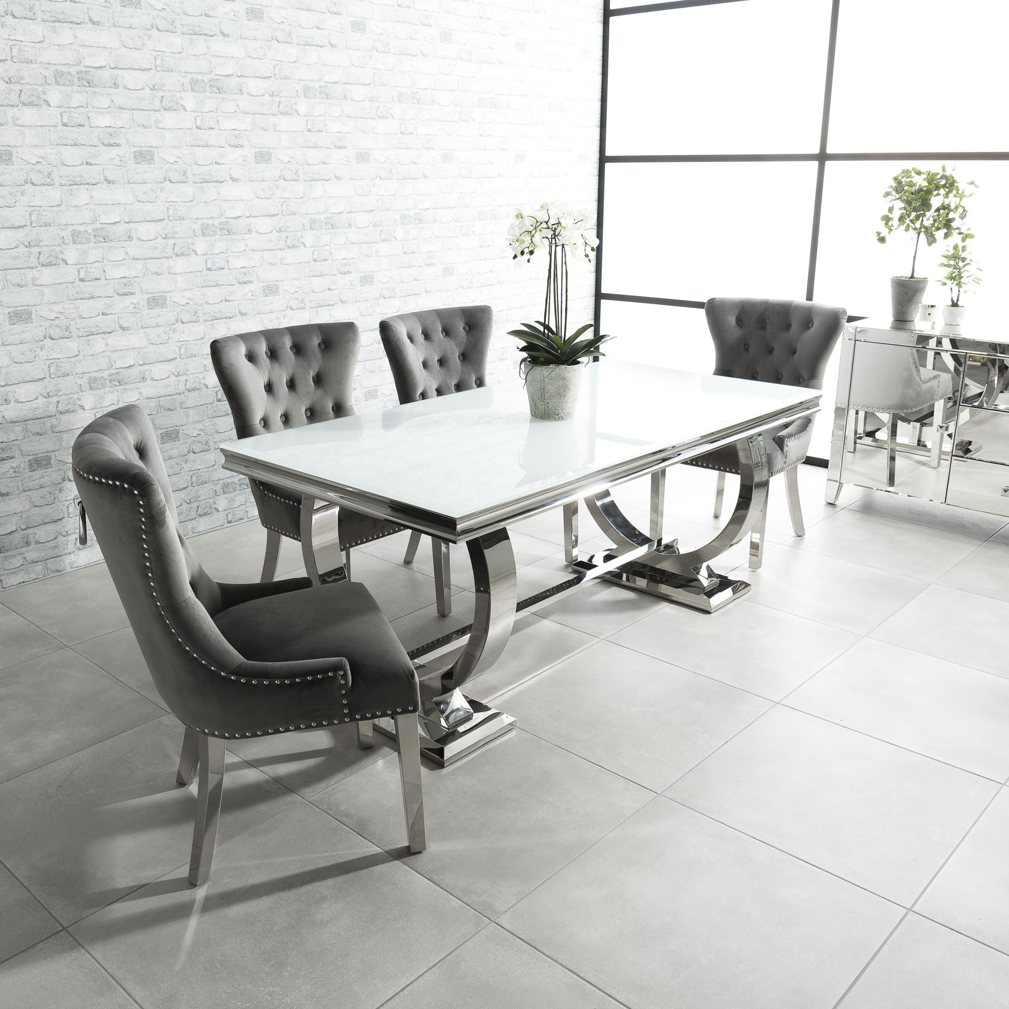 Siena 1.8m White Glass & Steel Dining Table with 4 Grey Brushed Velvet Dining Chairs