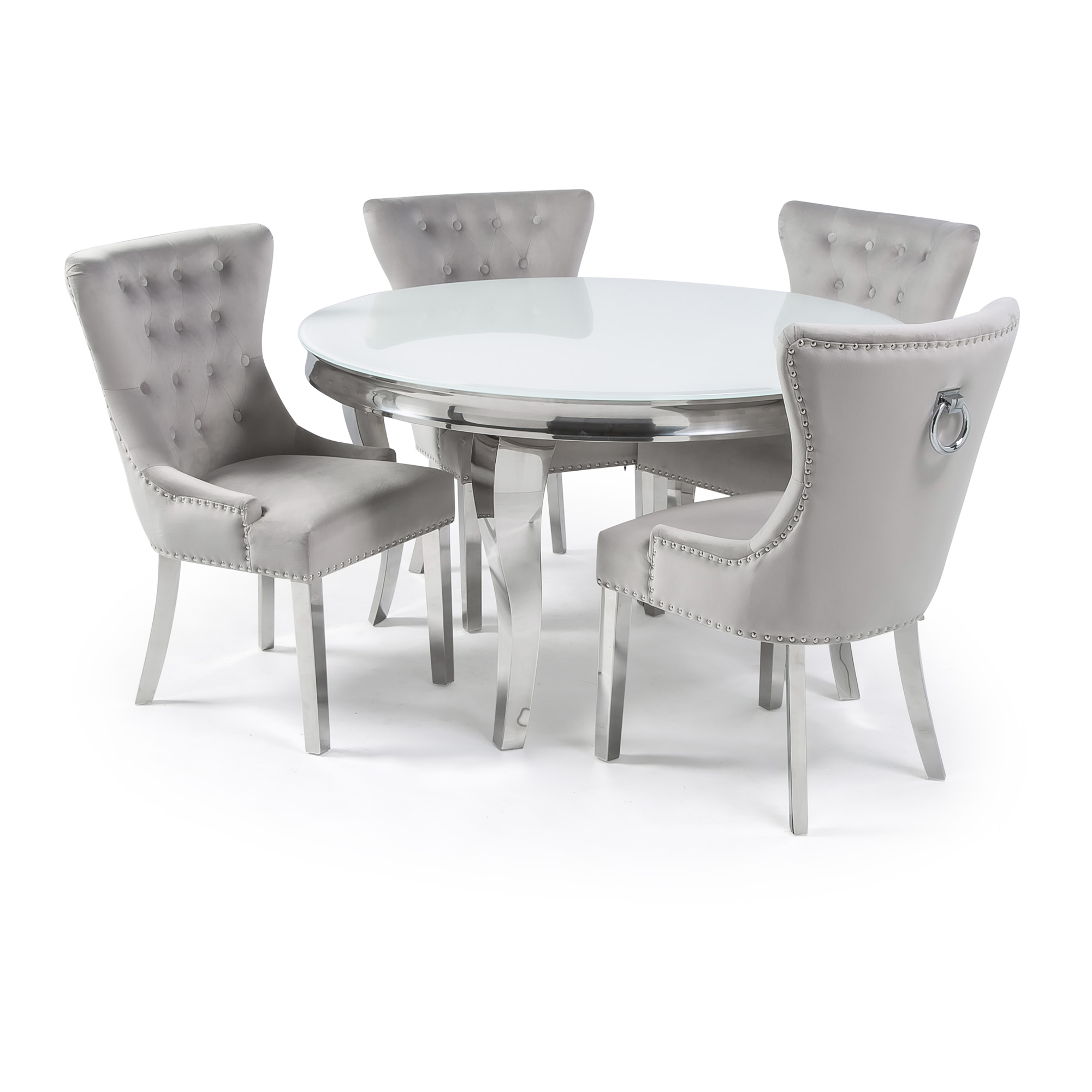 1.3m Louis Round Steel & White Glass Dining Table Set x 4 Dove Grey Dining Chairs