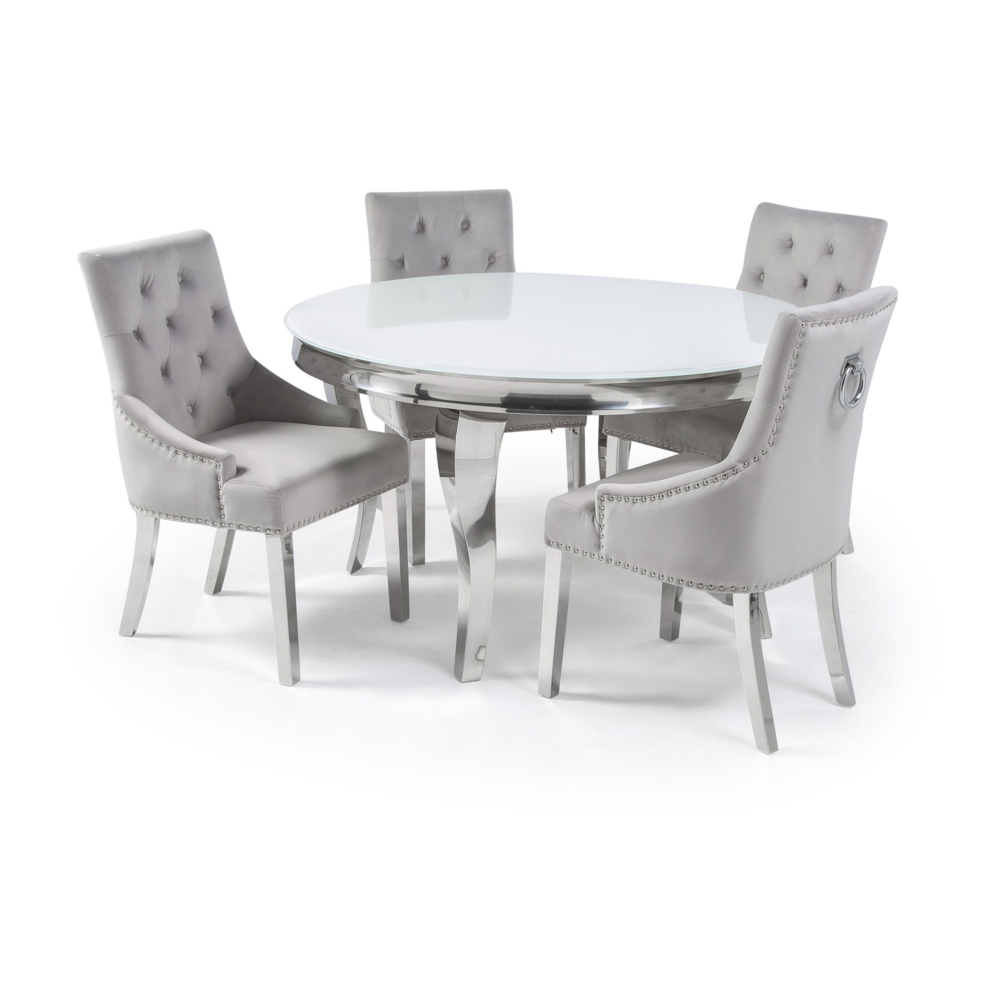 1.3m Circular Louis Polished Steel Dining White Glass Table Set with 4 Dove Grey Velvet Dining Chairs