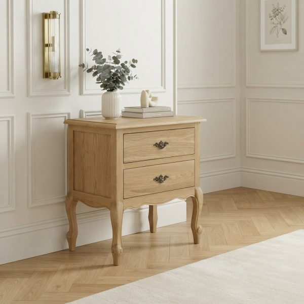 French Natural Oak Louis Two Drawer Bedside Table