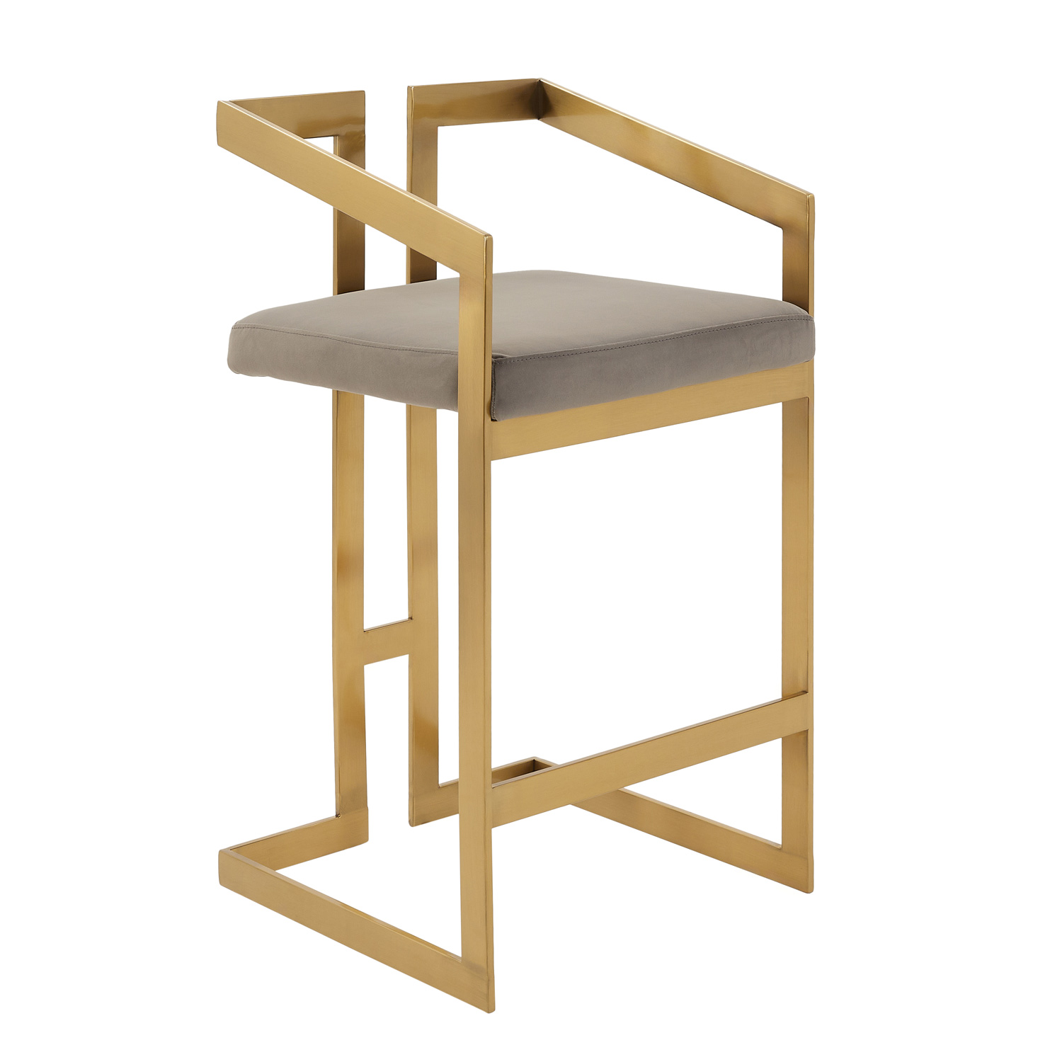 Alexandra Grey Velvet Kitchen Stool with a Gold Stainless Steel Frame