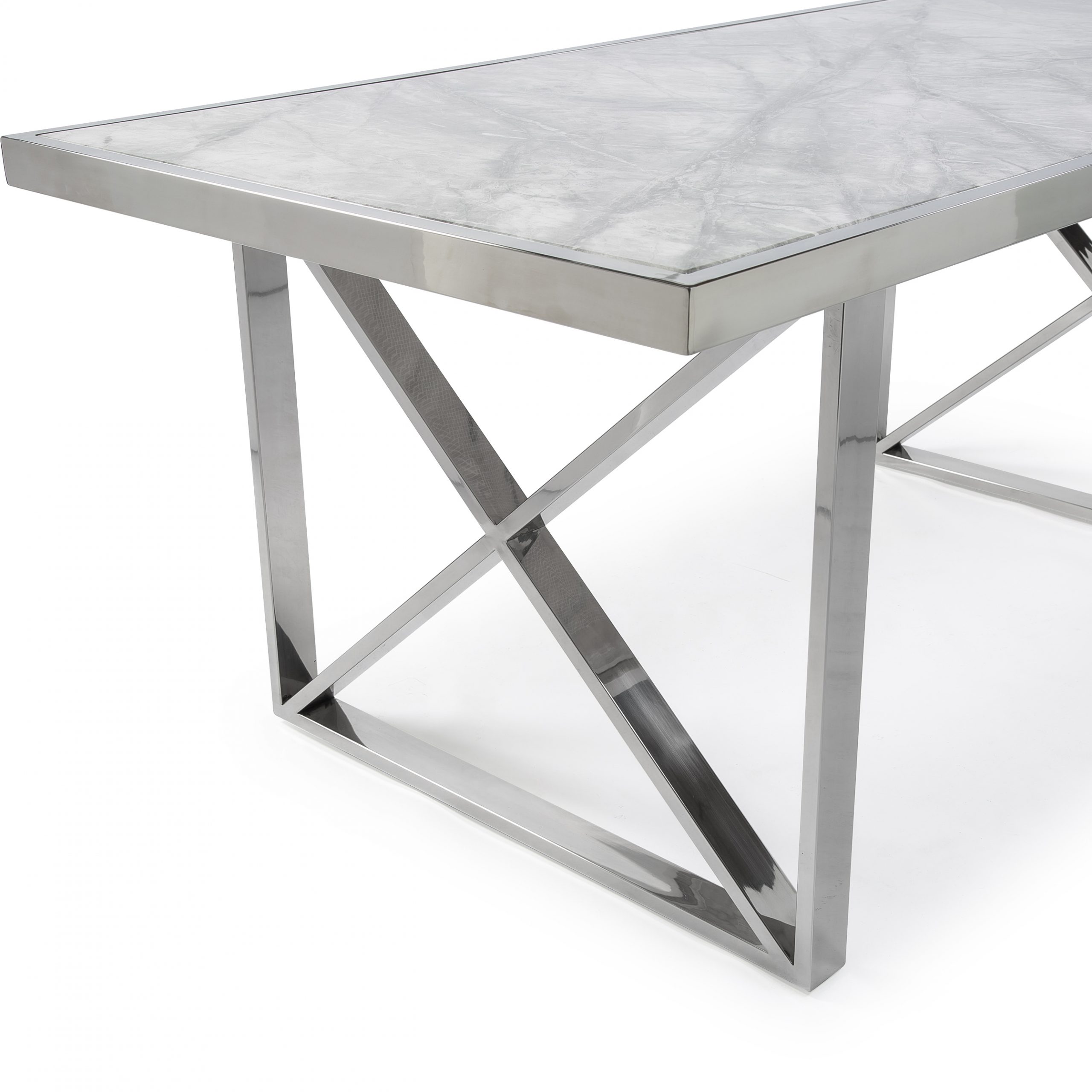 1.8M Tuscany Grey Marble Dining Room Table with Crossed Polished Steel Base