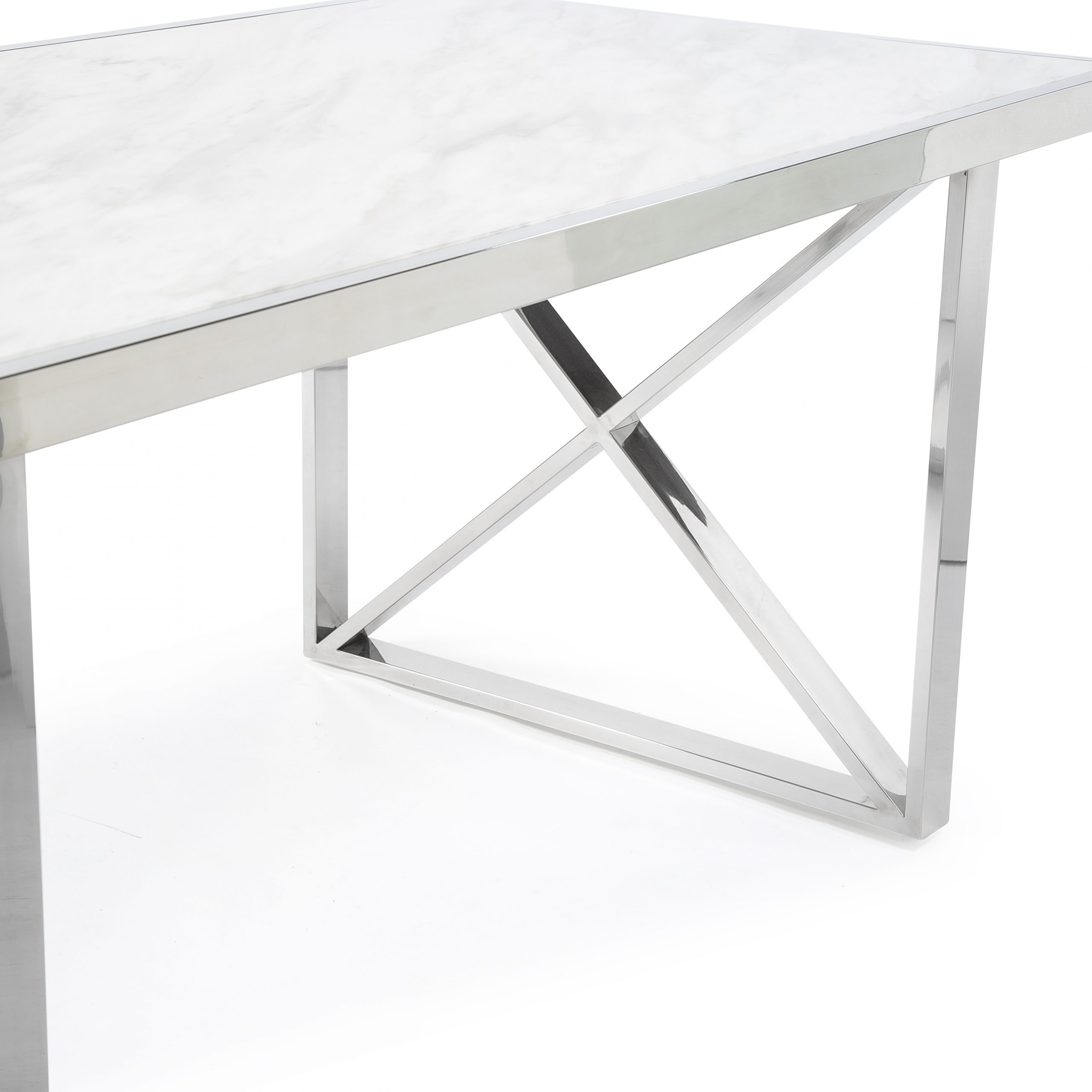 1.8M Tuscany White Marble Dining Table with a Polished Steel Cross Structure Base