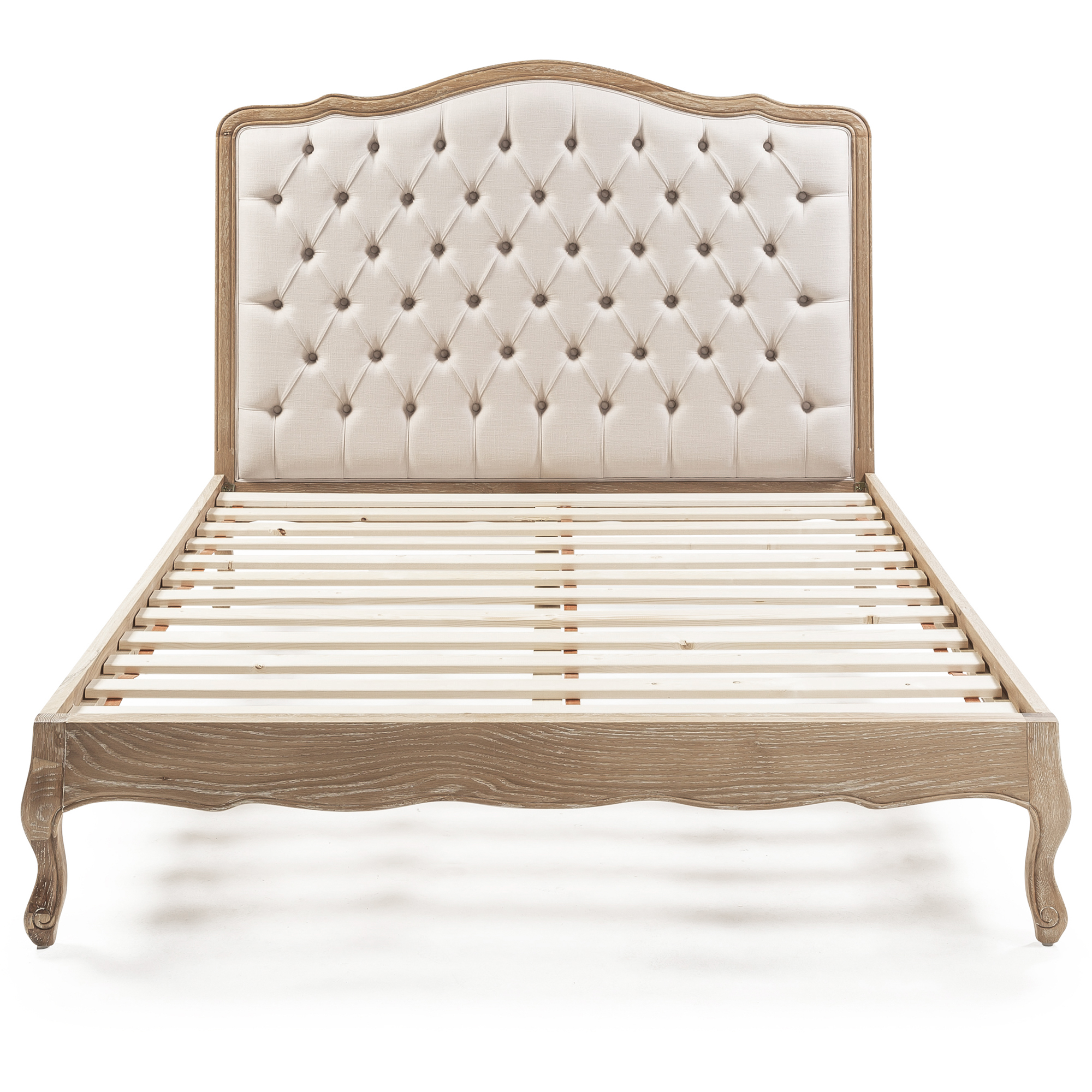 Eléa French Weathered Limed Oak Upholstered Button Back Low Foot Board Bed – King Size