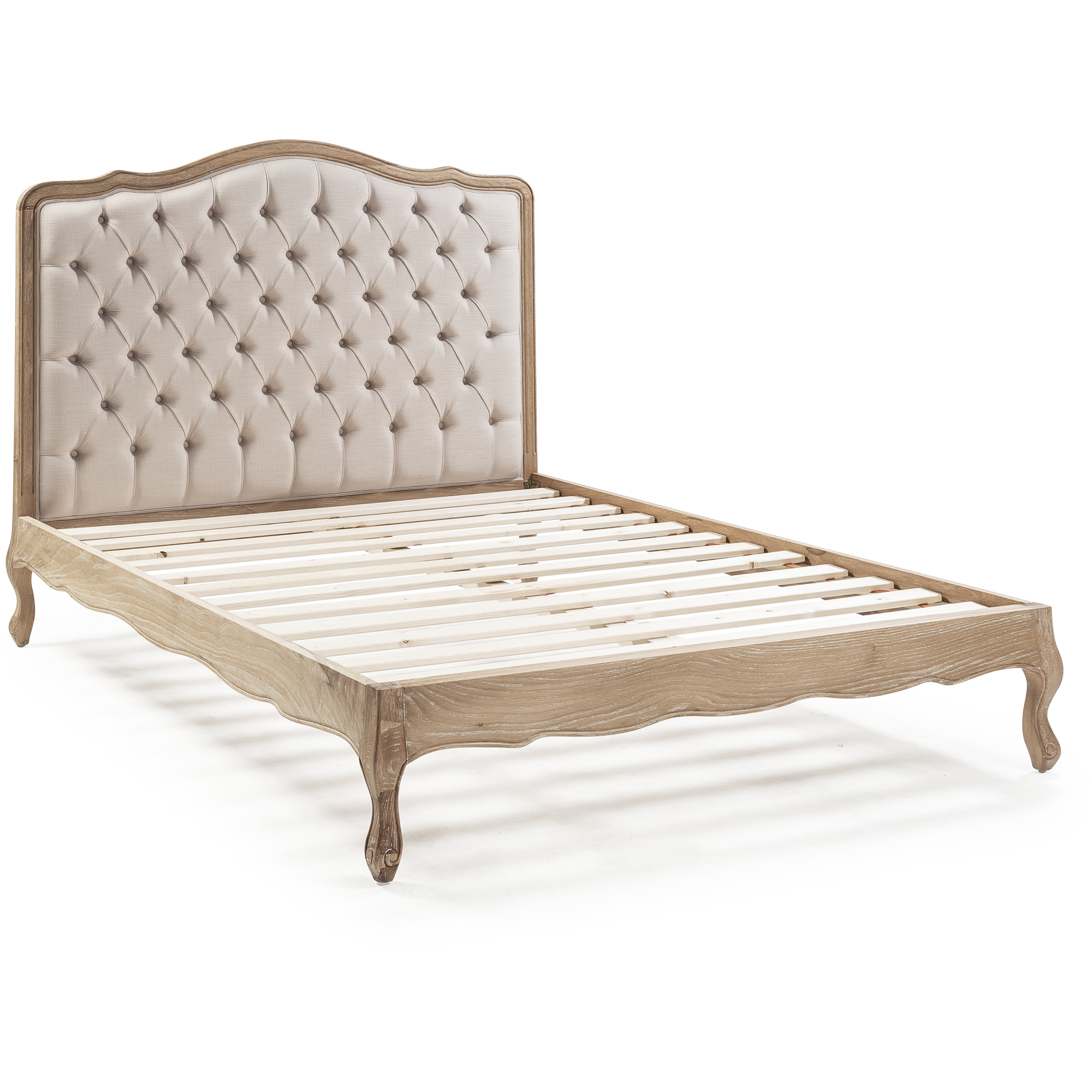 Eléa French Weathered Limed Oak Upholstered Button Back Low Foot Board Bed – King Size