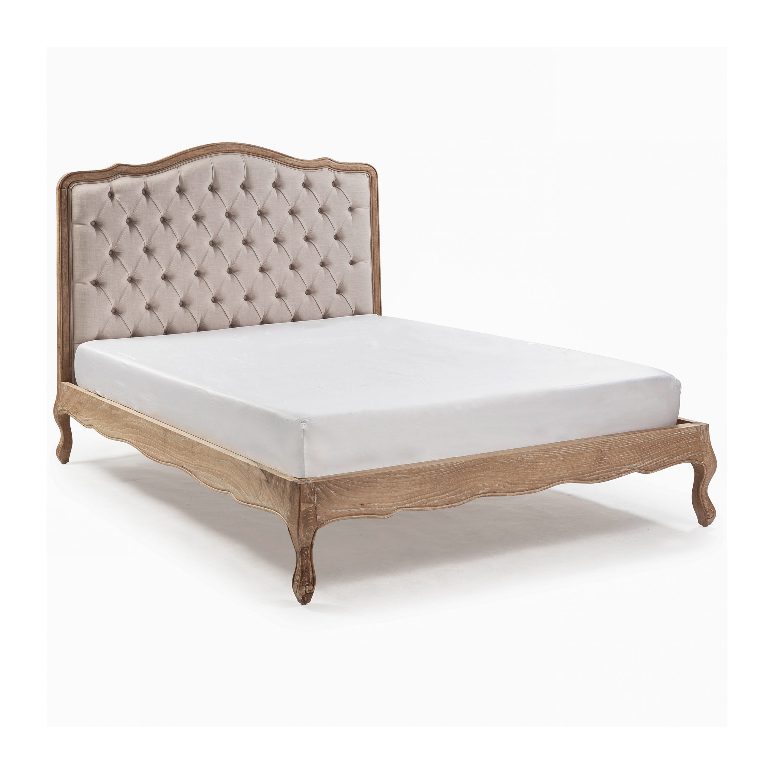 Eléa French Weathered Limed Oak Upholstered Button Back Low Foot Board Bed – King Size