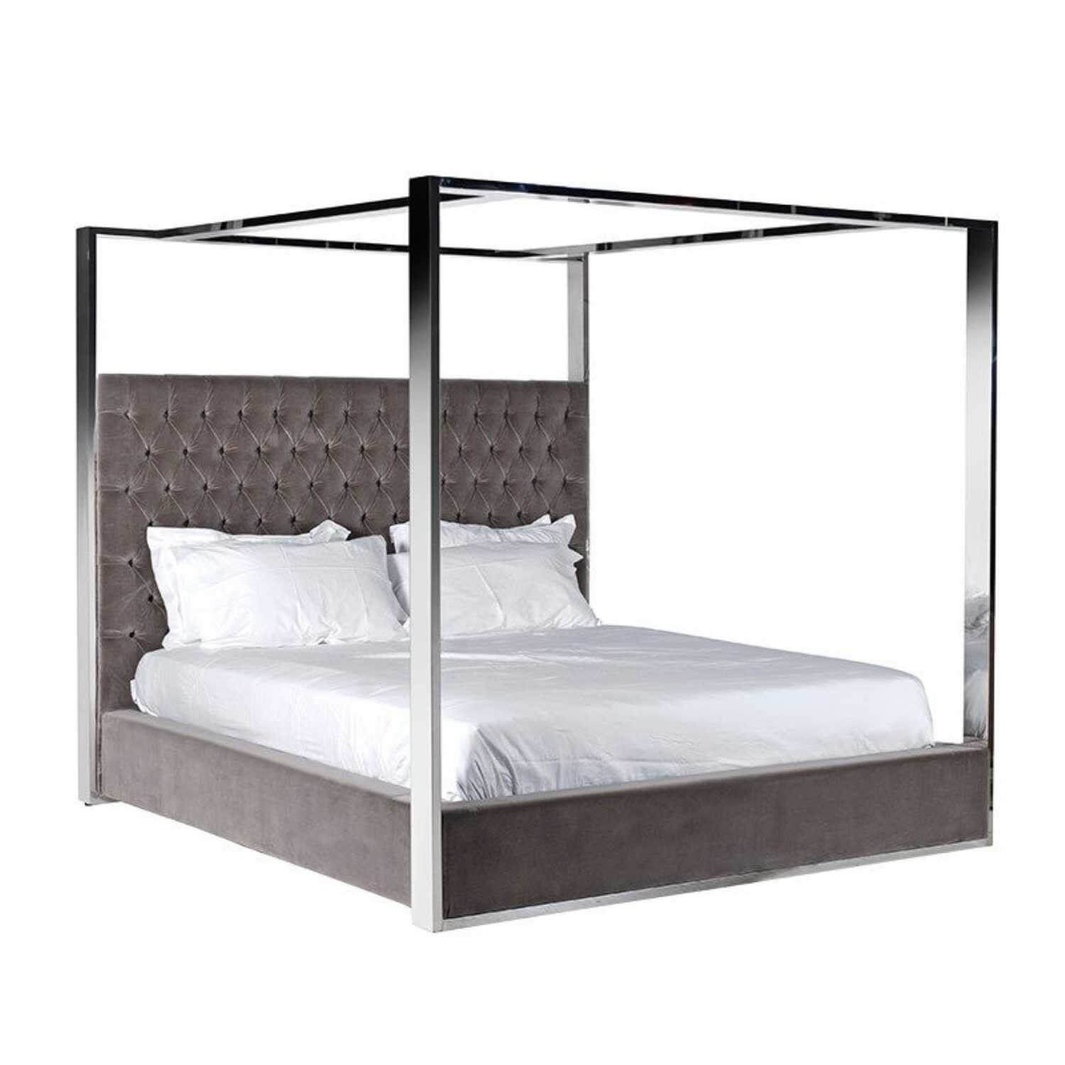 6ft Boston Super King Size Polished Steel Velvet Four Poster Bed