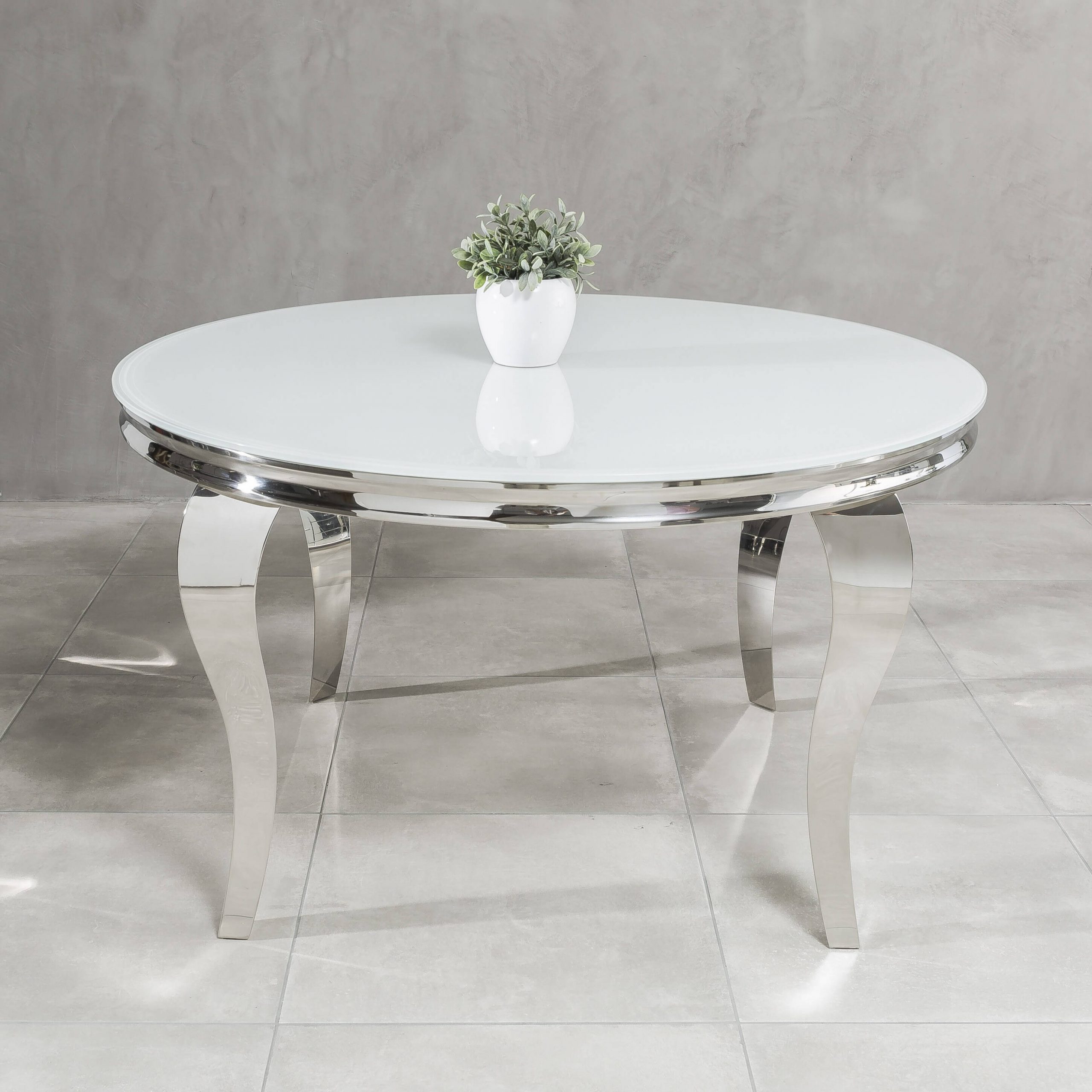 1.3m Louis Circular White Glass Dining Table x 4 Stainless Steel Legs