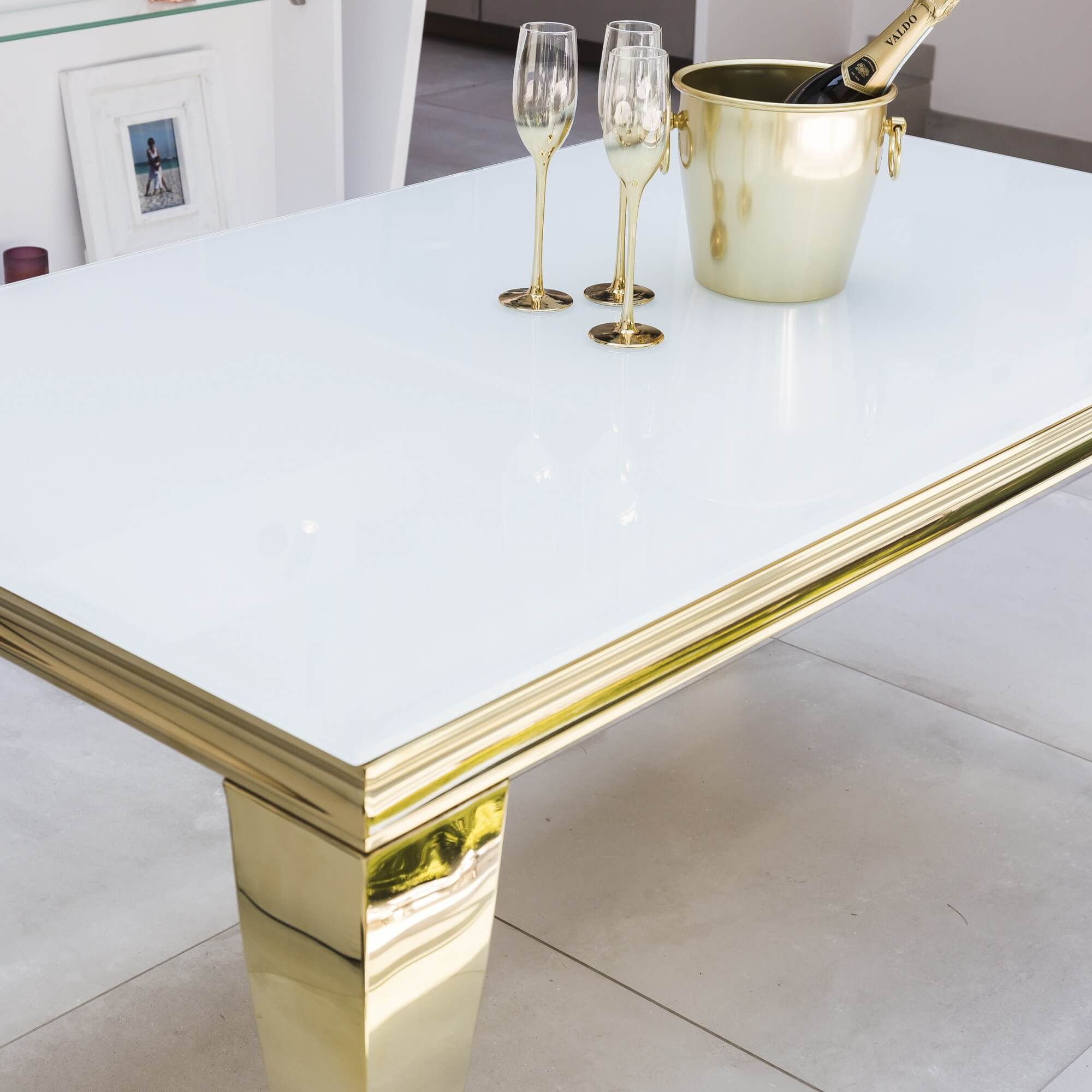 1.6M Louis Gold Polished Steel & Tempered Glass White Top Dining Table