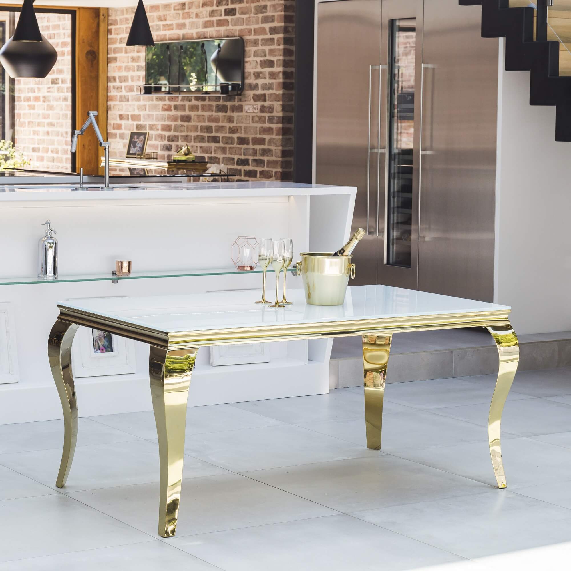 1.6M Louis Gold Polished Steel & Tempered Glass White Top Dining Table