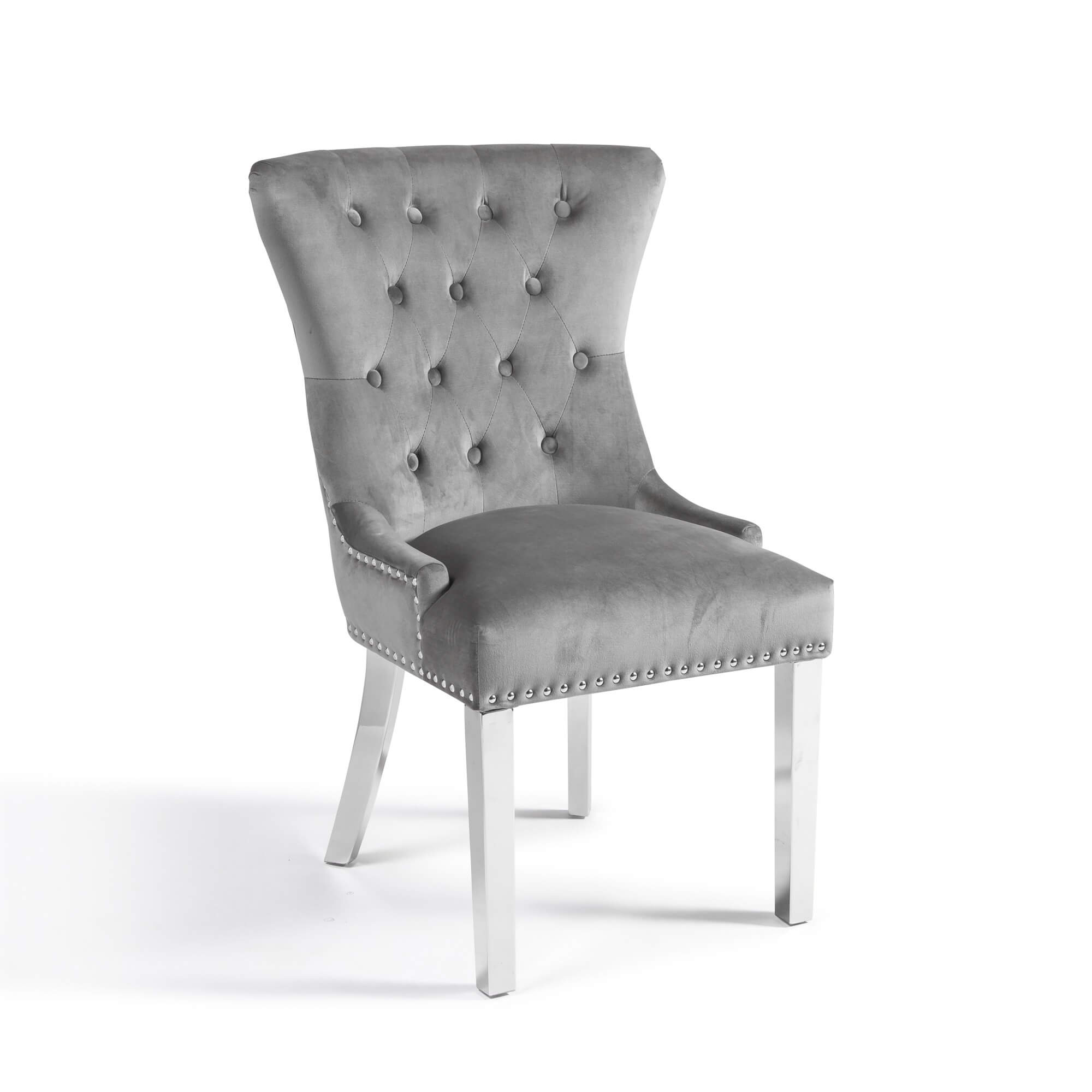 Grey Brushed Velvet Dining Chair with Polished Steel Legs – Set Of