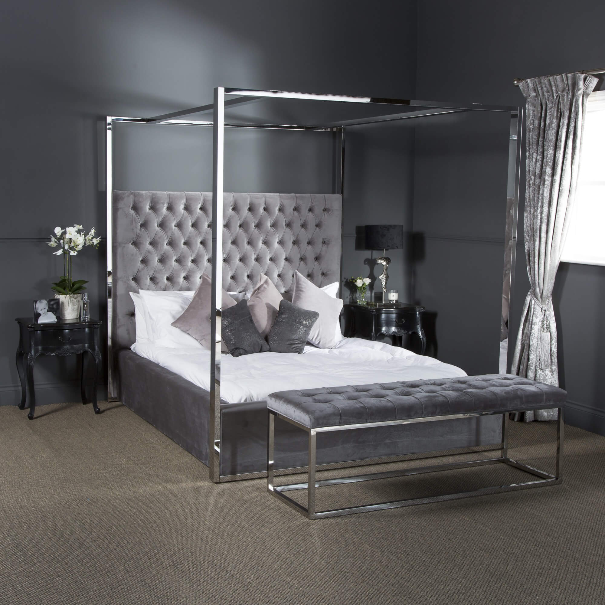 6ft Boston Super King Size Polished Steel Velvet Four Poster Bed