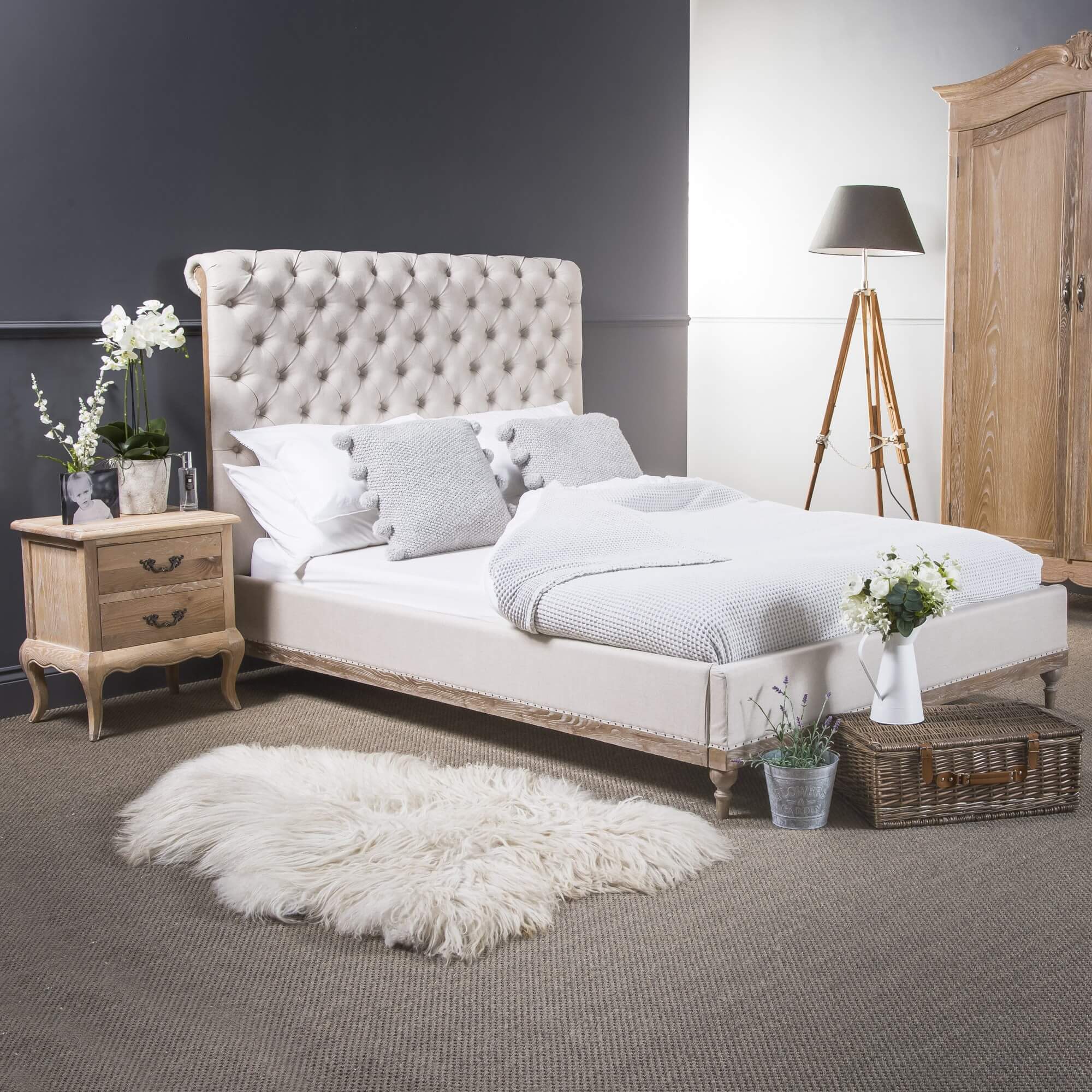 Amélie King Size Limed Ash Linen Chesterfield Bed with Low Foot Board