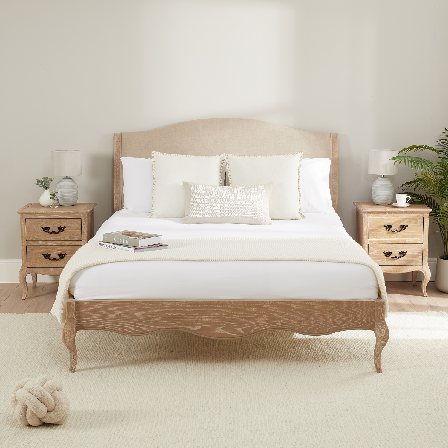 Lille French Limed Oak Upholstered Low Foot Board Bed – King Size