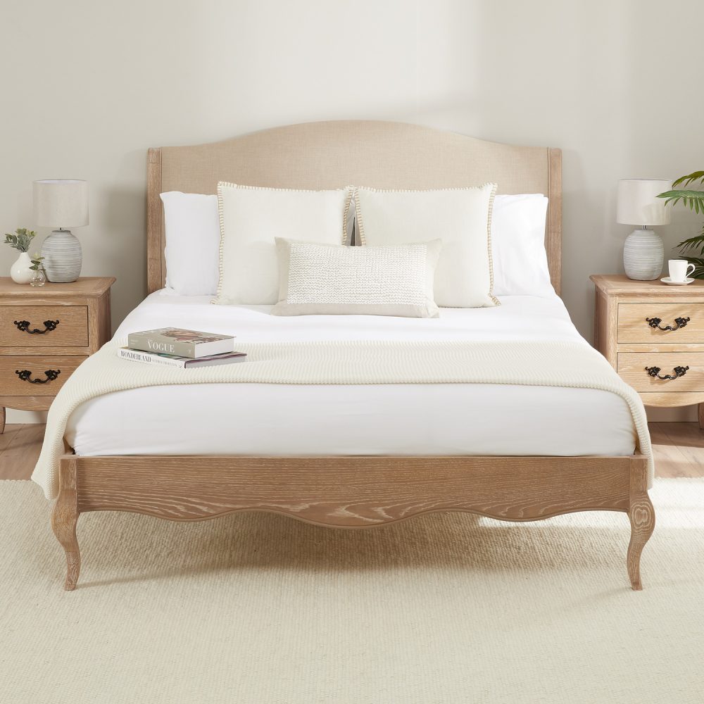Lille French Limed Oak Upholstered Low Foot Board Bed - Double - Image 4