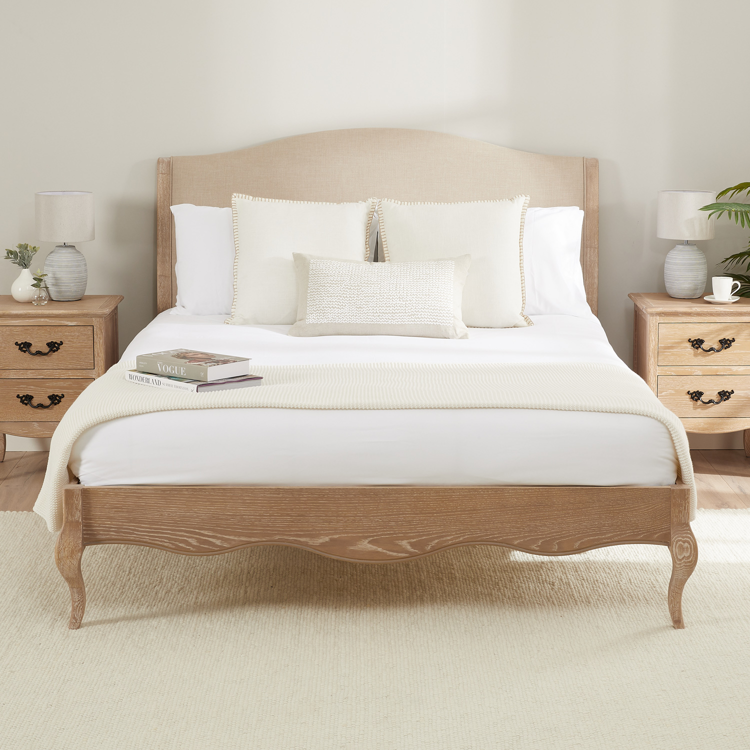 Lille French Limed Oak Upholstered Low Foot Board Bed – King Size