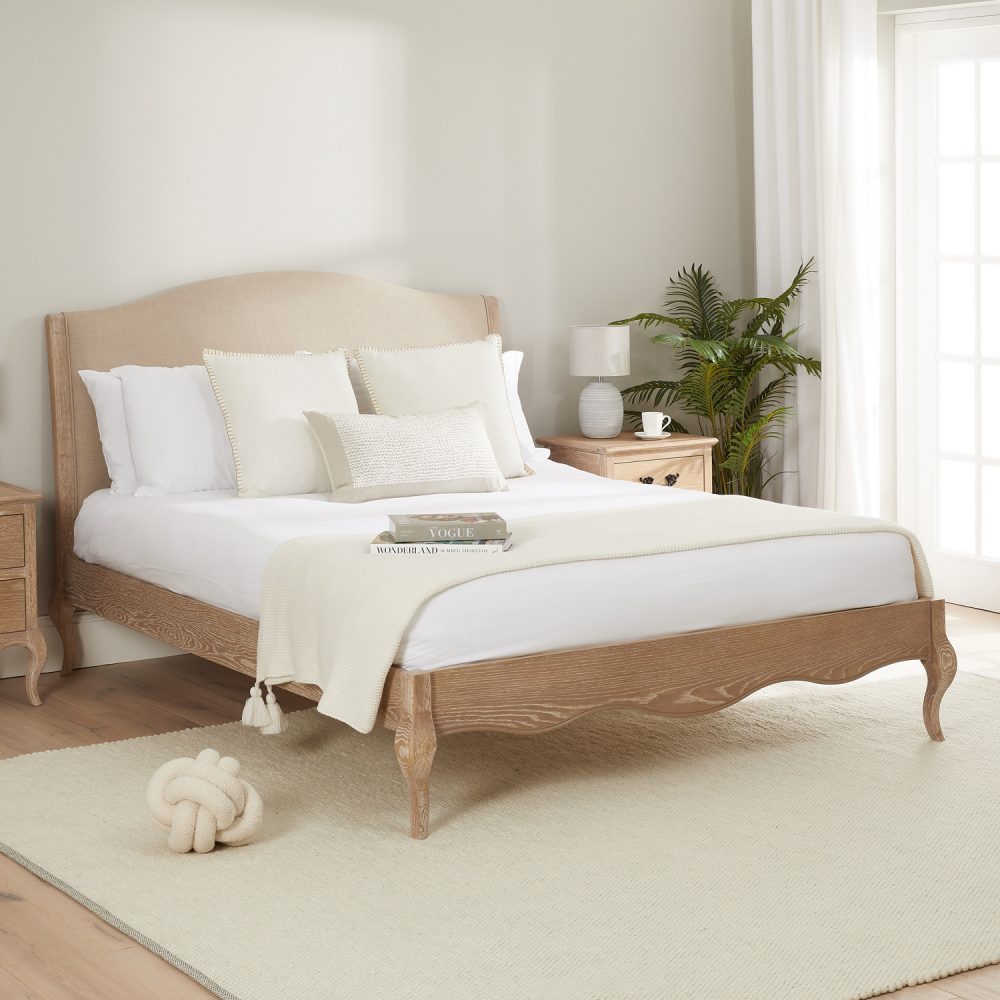 Lille French Limed Oak Upholstered Low Foot Board Bed - Double - Image 2