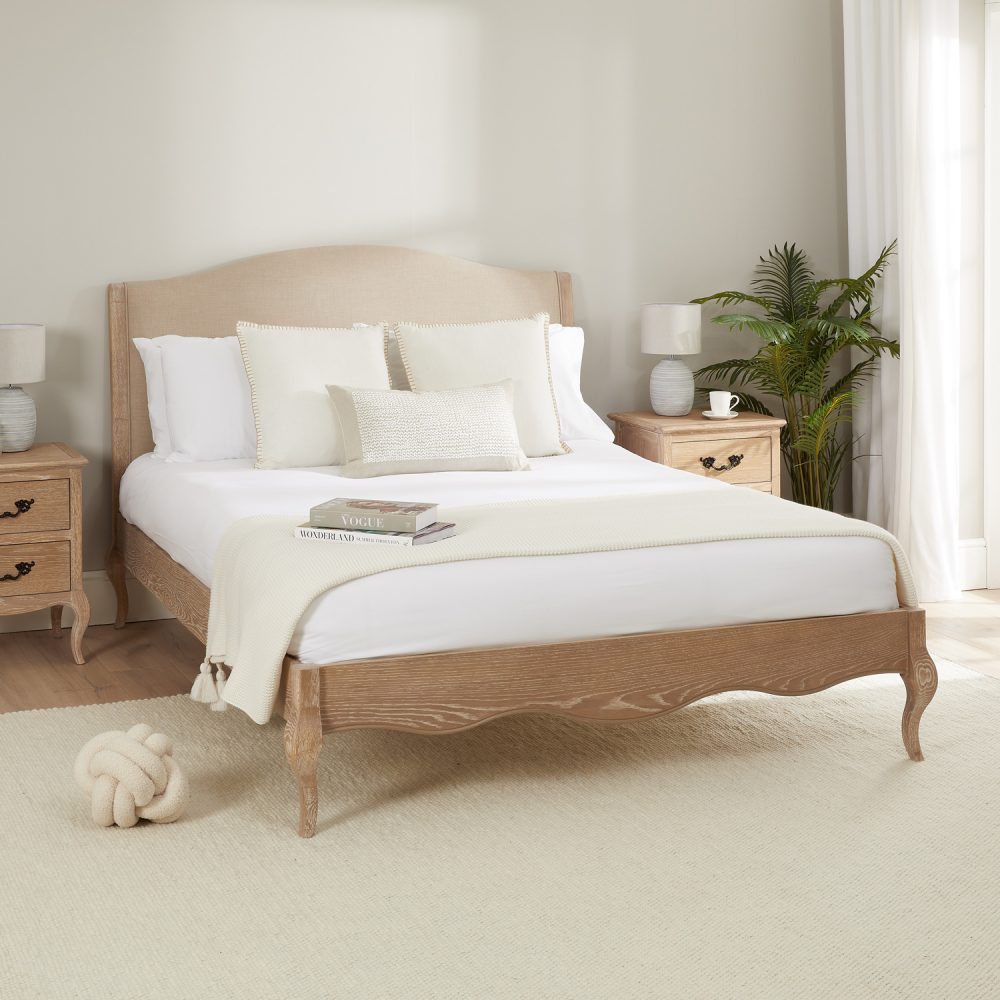 Lille French Limed Oak Upholstered Low Foot Board Bed - Double - Image 6