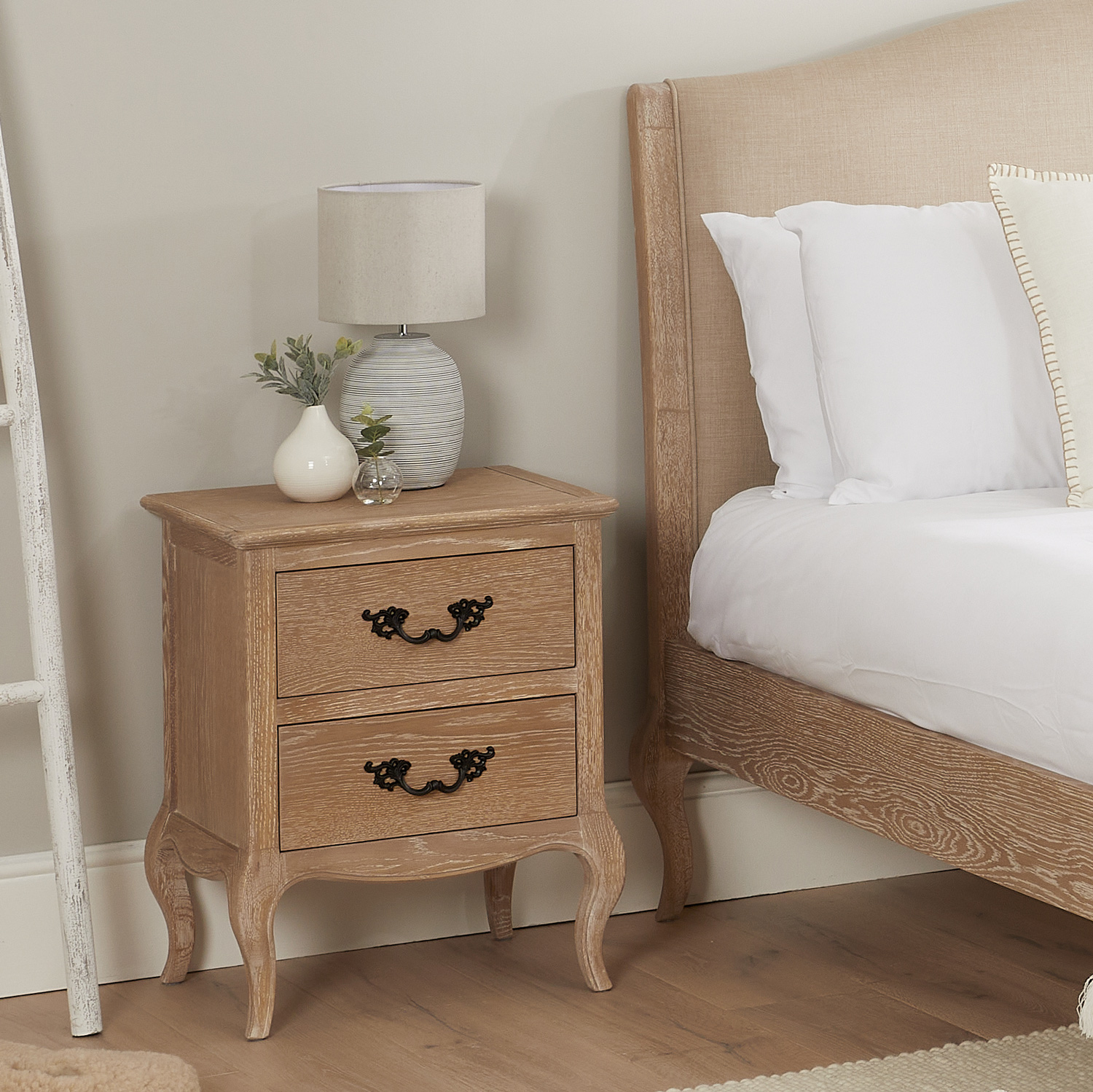 Lille French Limed Oak Two Drawer Bedside Table